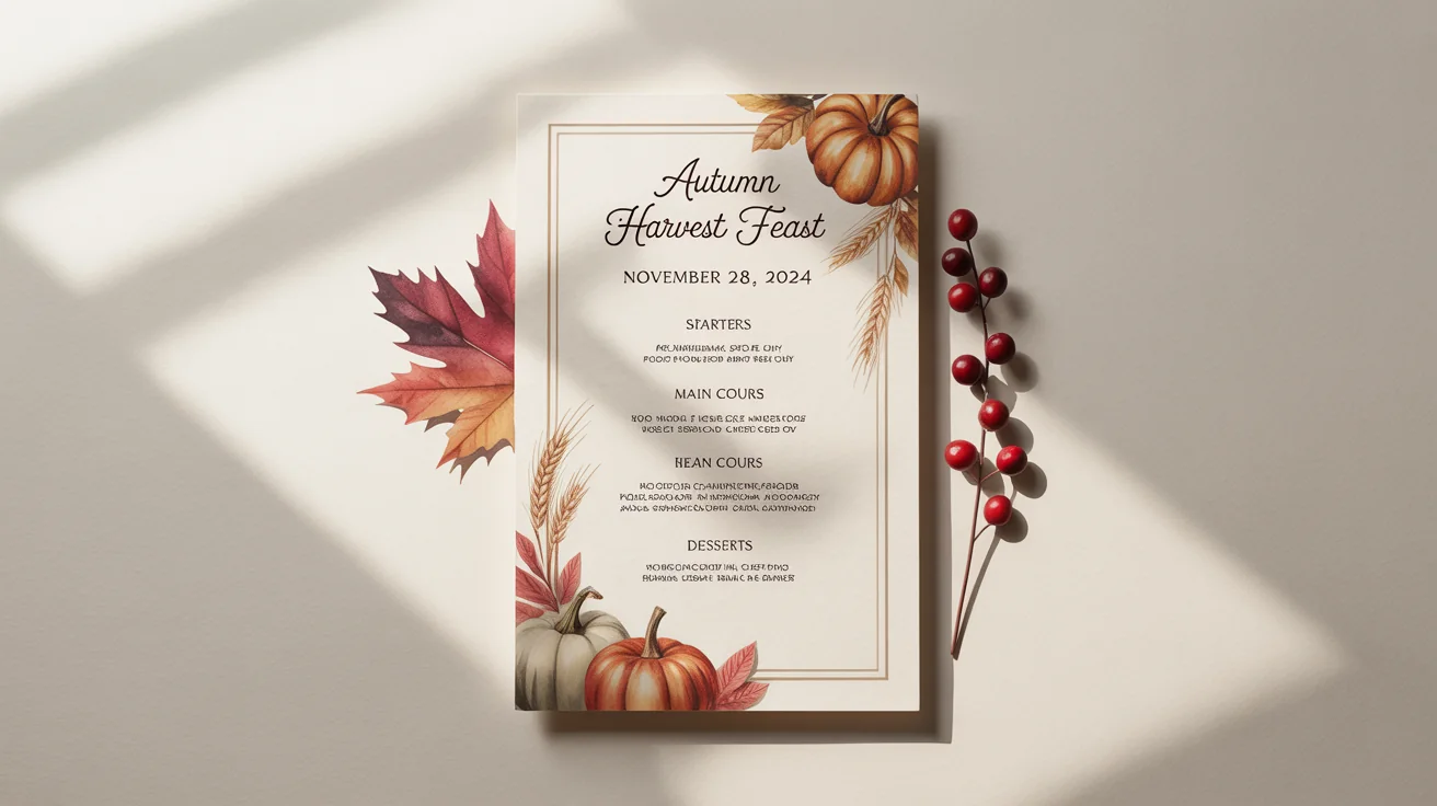 A professionally designed Thanksgiving menu mockup on a white background, featuring elegant typography and watercolor illustrations of pumpkins and autumn leaves.