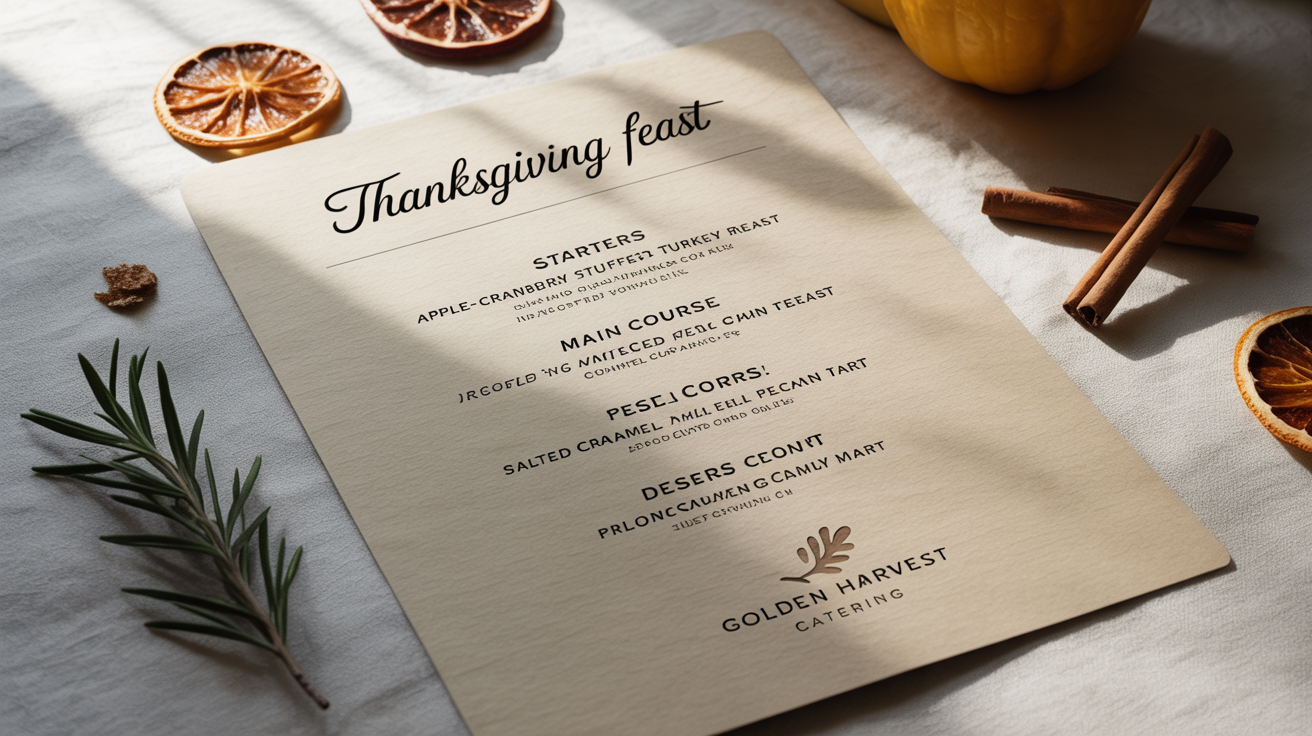 A Thanksgiving menu mockup displayed on a clean white surface, adorned with elegant script and watercolor illustrations of autumn leaves and pumpkins. The menu lists fictional Thanksgiving dishes.