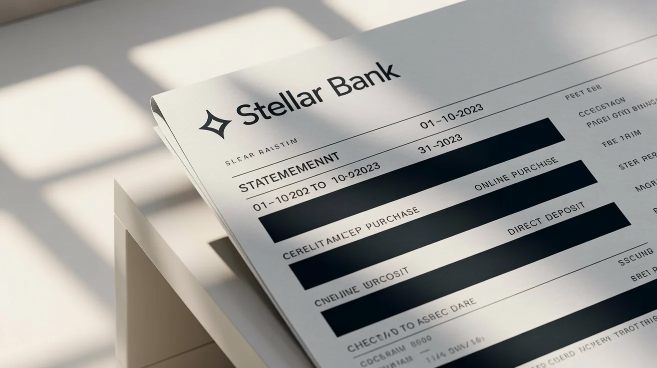 A professionally redacted bank statement lying on a clean white surface. Crisp black bars cover sensitive data like the account holder's name and account number, while transaction descriptions and dates remain visible, demonstrating a professional redaction tool's final output.