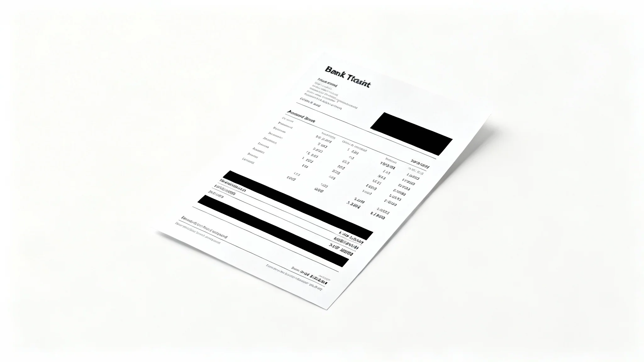 A photorealistic image of a bank statement with sensitive information, such as account numbers and transaction amounts, blacked out with redaction marks, symbolizing data privacy and security.
