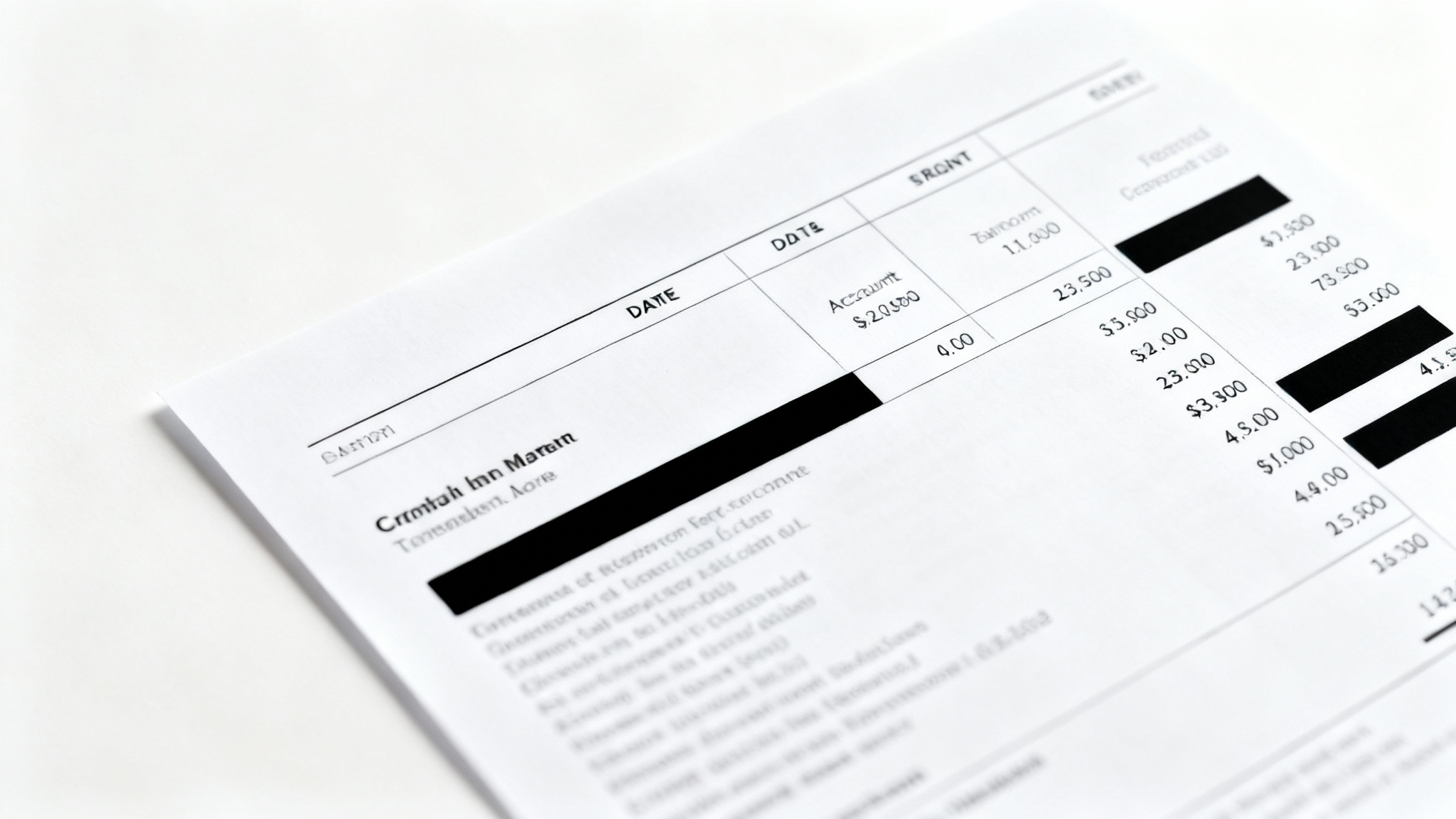 A close-up, top-down view of a bank statement where sensitive information like the account number and transaction details have been redacted with black bars.