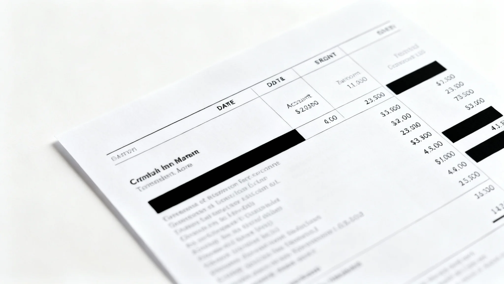 A close-up, top-down view of a bank statement where sensitive information like the account number and transaction details have been redacted with black bars.