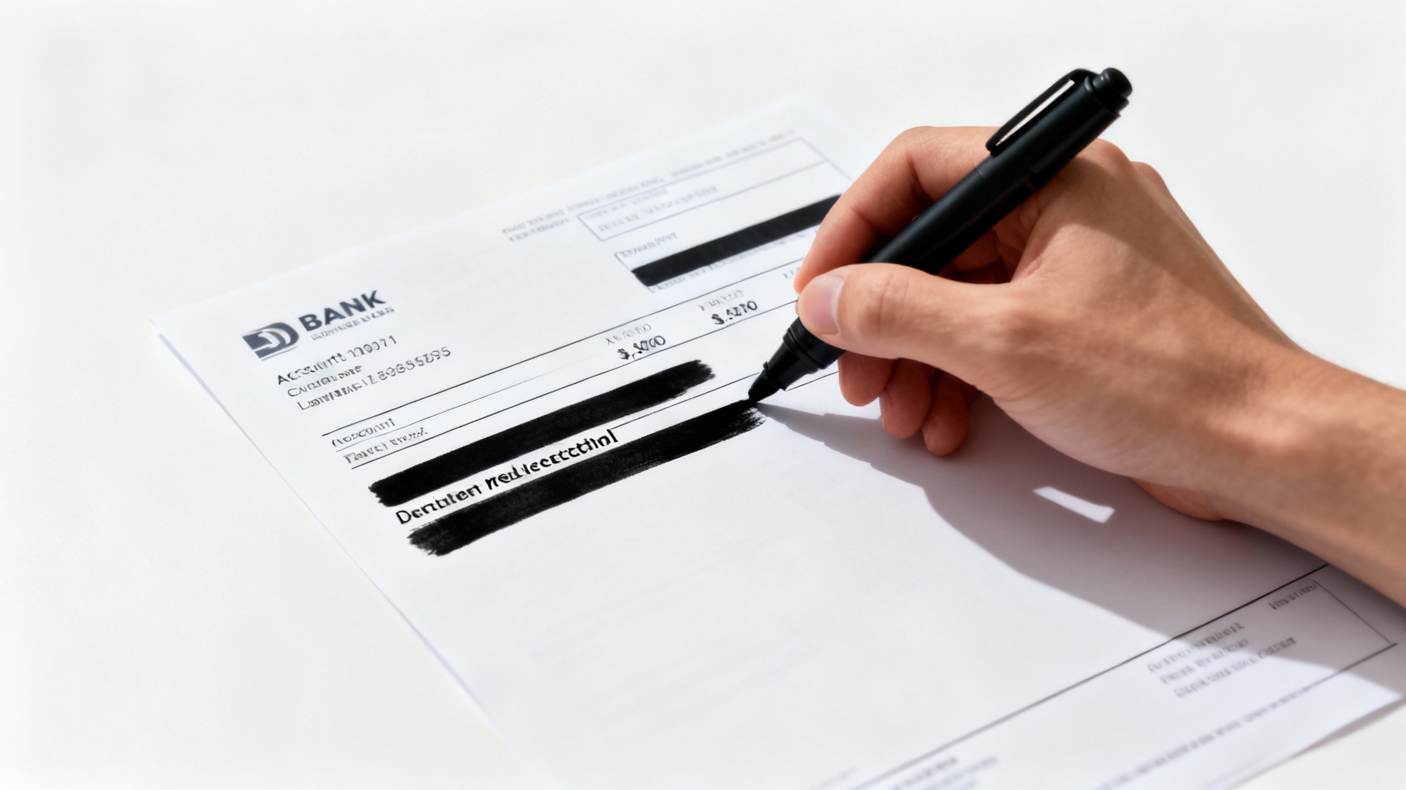 A close-up, photorealistic image of a bank statement with black bars redacting sensitive information. A hand holds a redaction marker over the document, symbolizing data privacy and security.