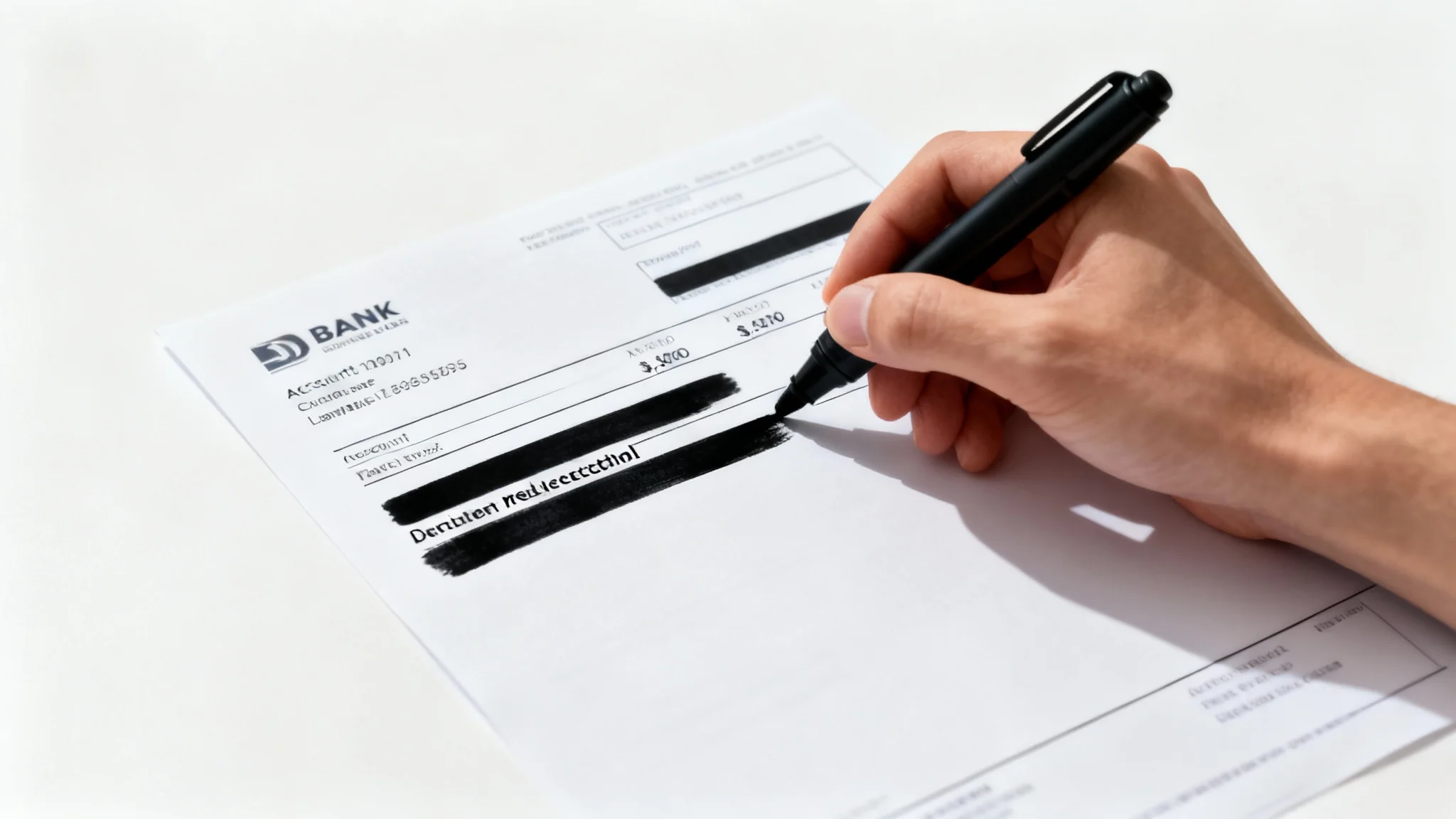 A close-up, photorealistic image of a bank statement with black bars redacting sensitive information. A hand holds a redaction marker over the document, symbolizing data privacy and security.