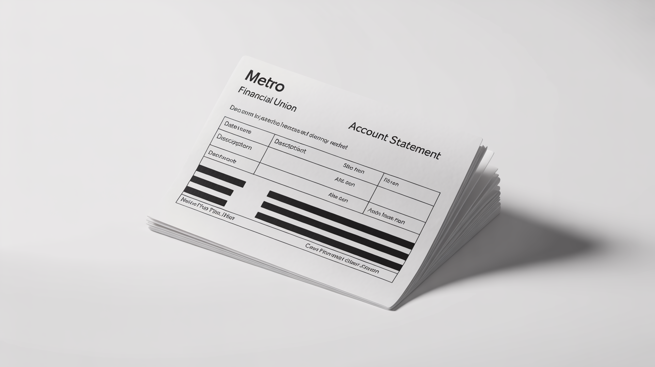 A photorealistic mockup of a bank statement on a white background, with sensitive information like account numbers and transactions blacked out with redaction bars.