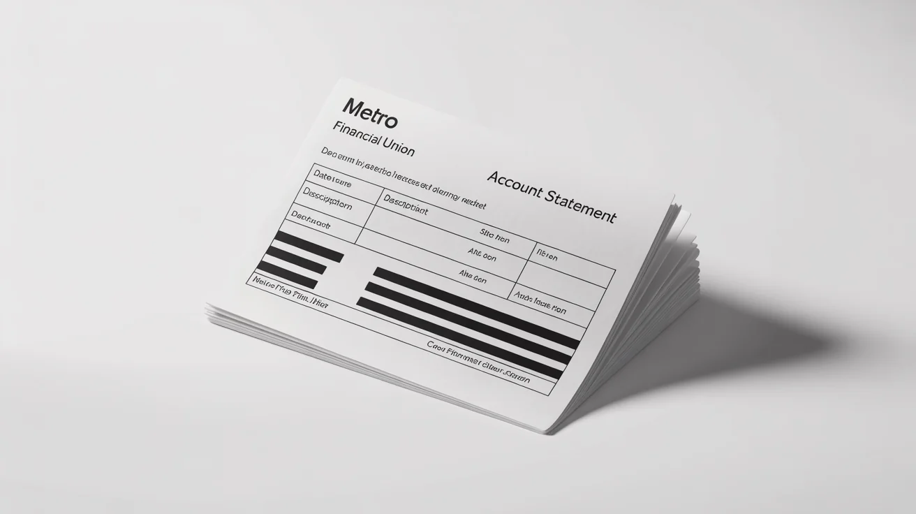 A photorealistic mockup of a bank statement on a white background, with sensitive information like account numbers and transactions blacked out with redaction bars.