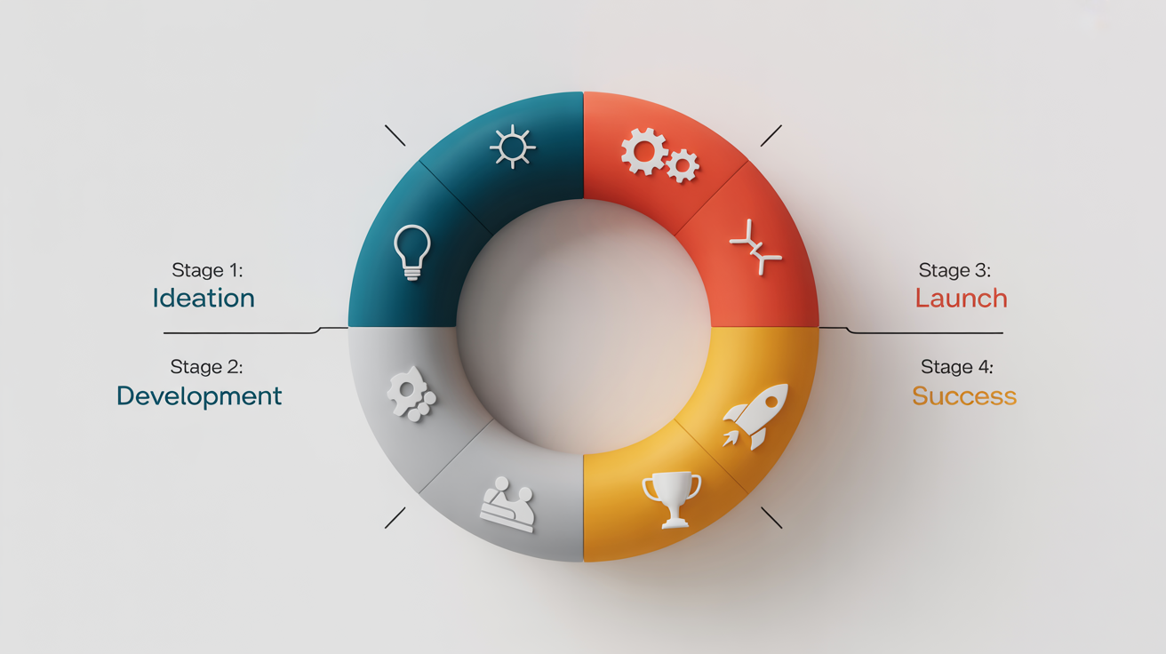 A modern and professional circular timeline infographic with four distinct stages: Ideation, Development, Launch, and Success. Each stage is marked with a unique color and a simple icon on a clean white background.