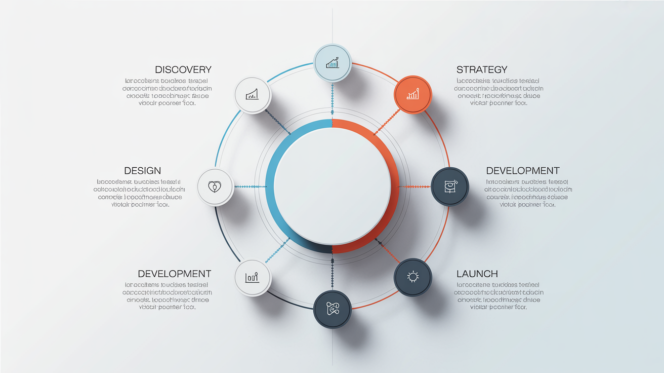 A modern circular timeline infographic with five stages: Discovery, Strategy, Design, Development, and Launch, set against a white background.