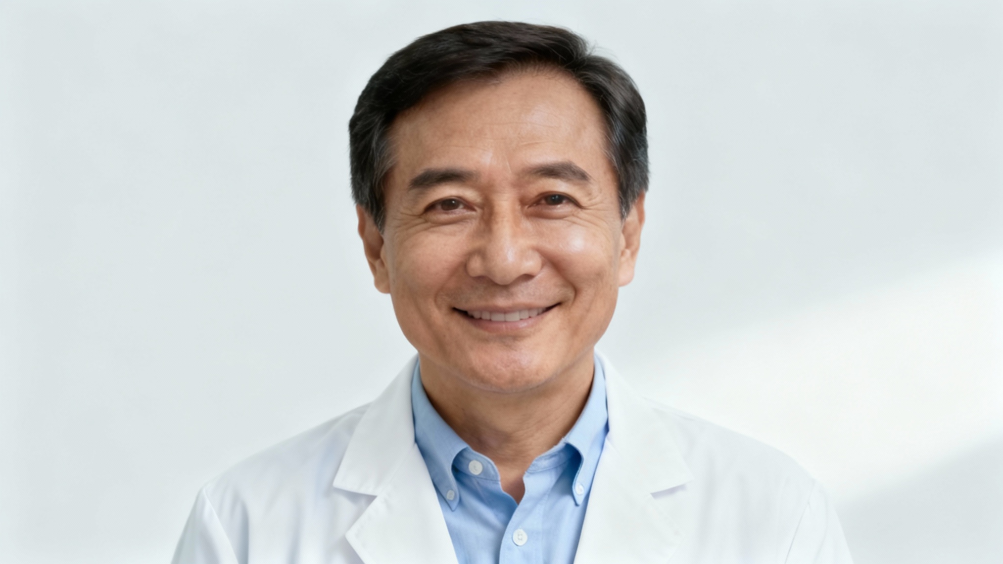 A professional headshot of a smiling, middle-aged man with dark hair, wearing a clean white lab coat over a blue shirt, against a neutral gray background.