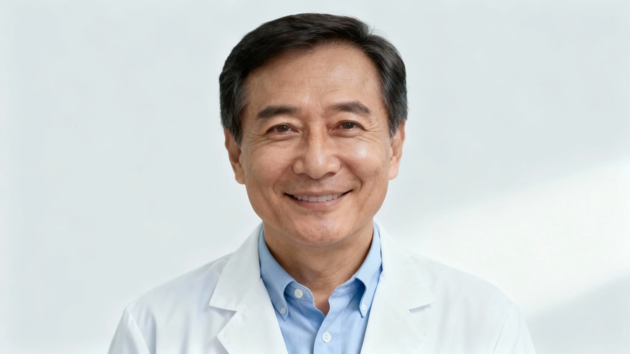 A professional headshot of a smiling, middle-aged man with dark hair, wearing a clean white lab coat over a blue shirt, against a neutral gray background.