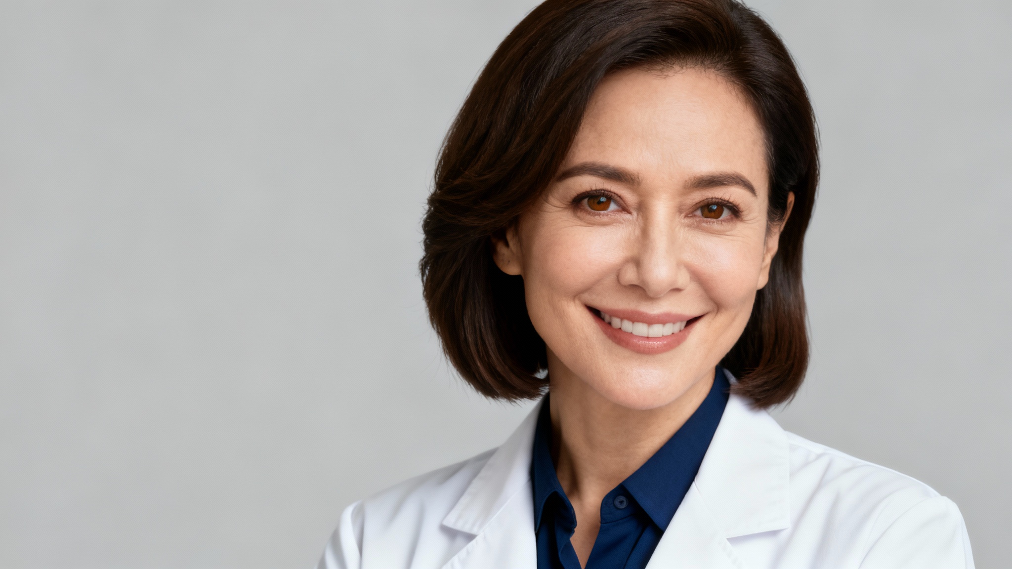 A professional headshot of a smiling female doctor in a white coat, set against a plain, light-colored background.