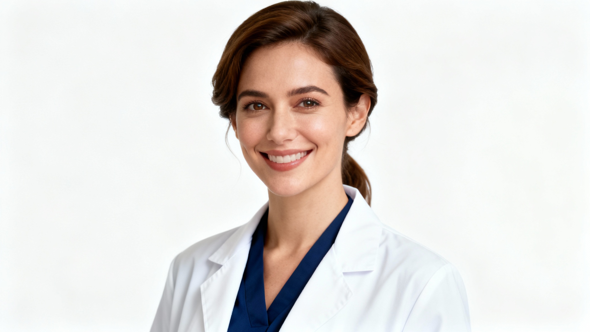 A professional headshot of a smiling female doctor wearing a clean white lab coat against a solid white background.