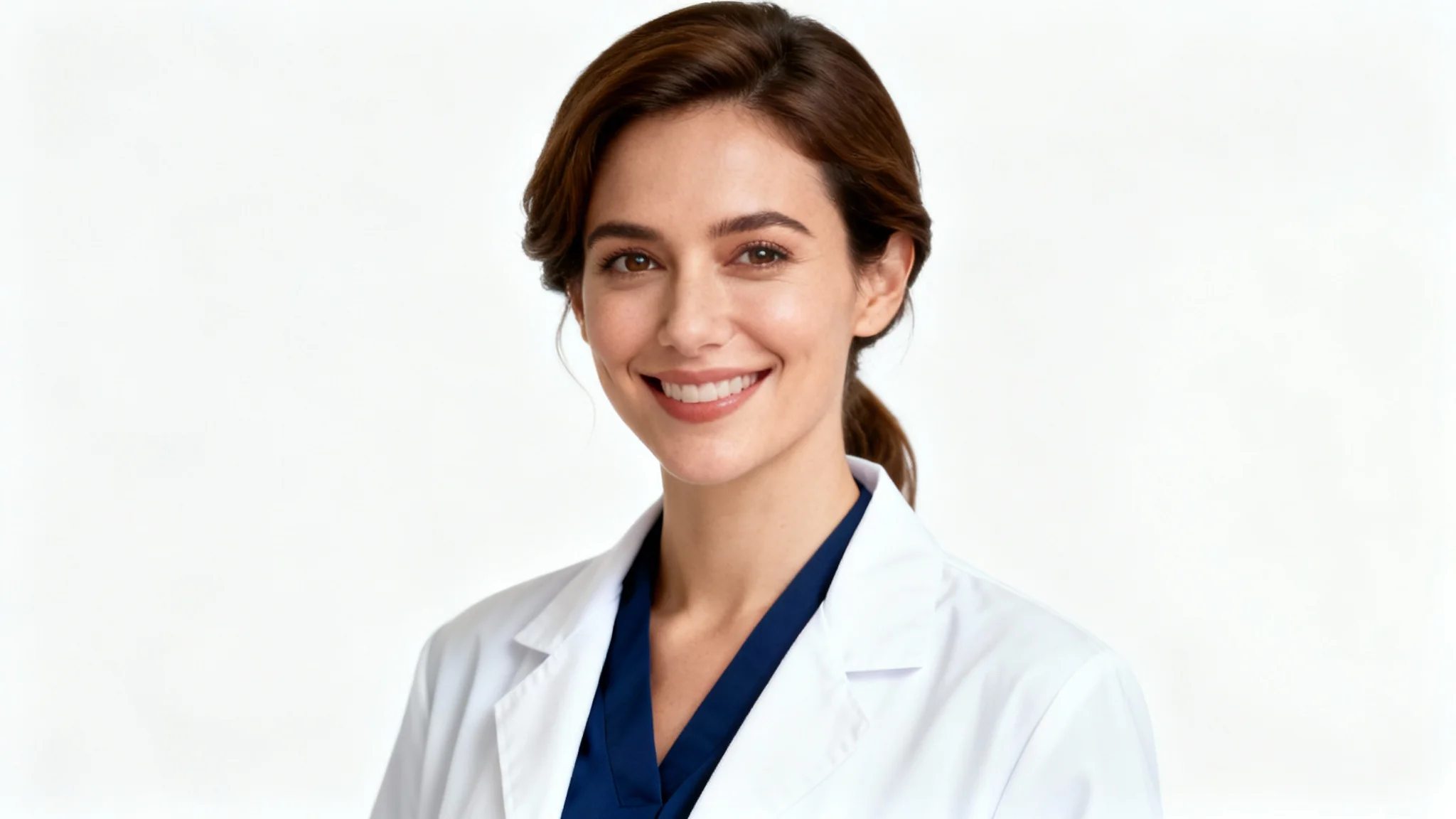 A professional headshot of a smiling female doctor wearing a clean white lab coat against a solid white background.