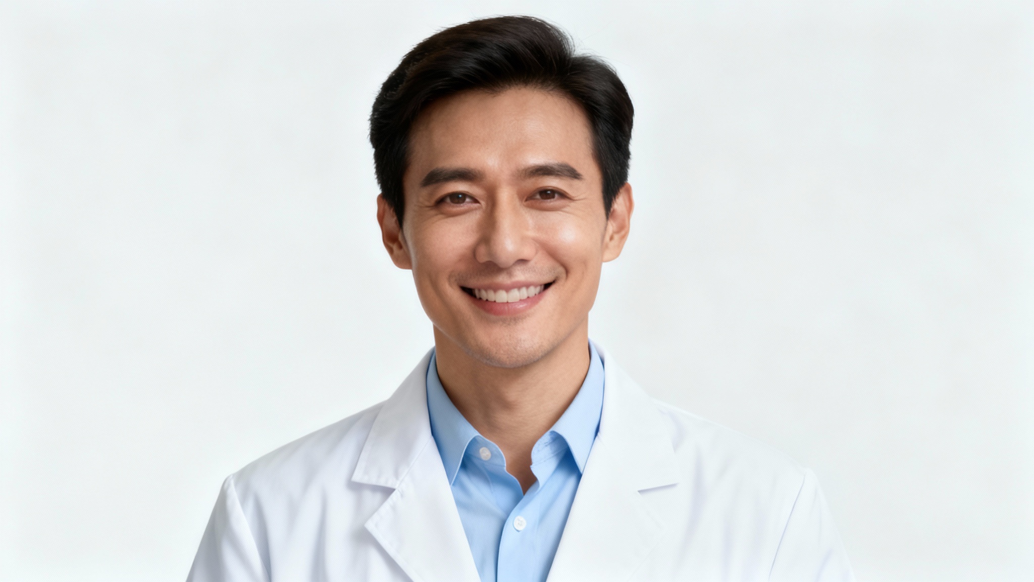 A professional headshot of a friendly male doctor in a white coat, smiling against a plain off-white background.