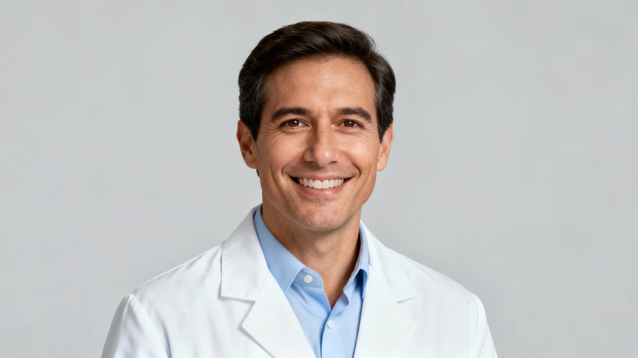 A professional headshot of a smiling male doctor wearing a white coat, looking directly at the camera against a plain light gray background.