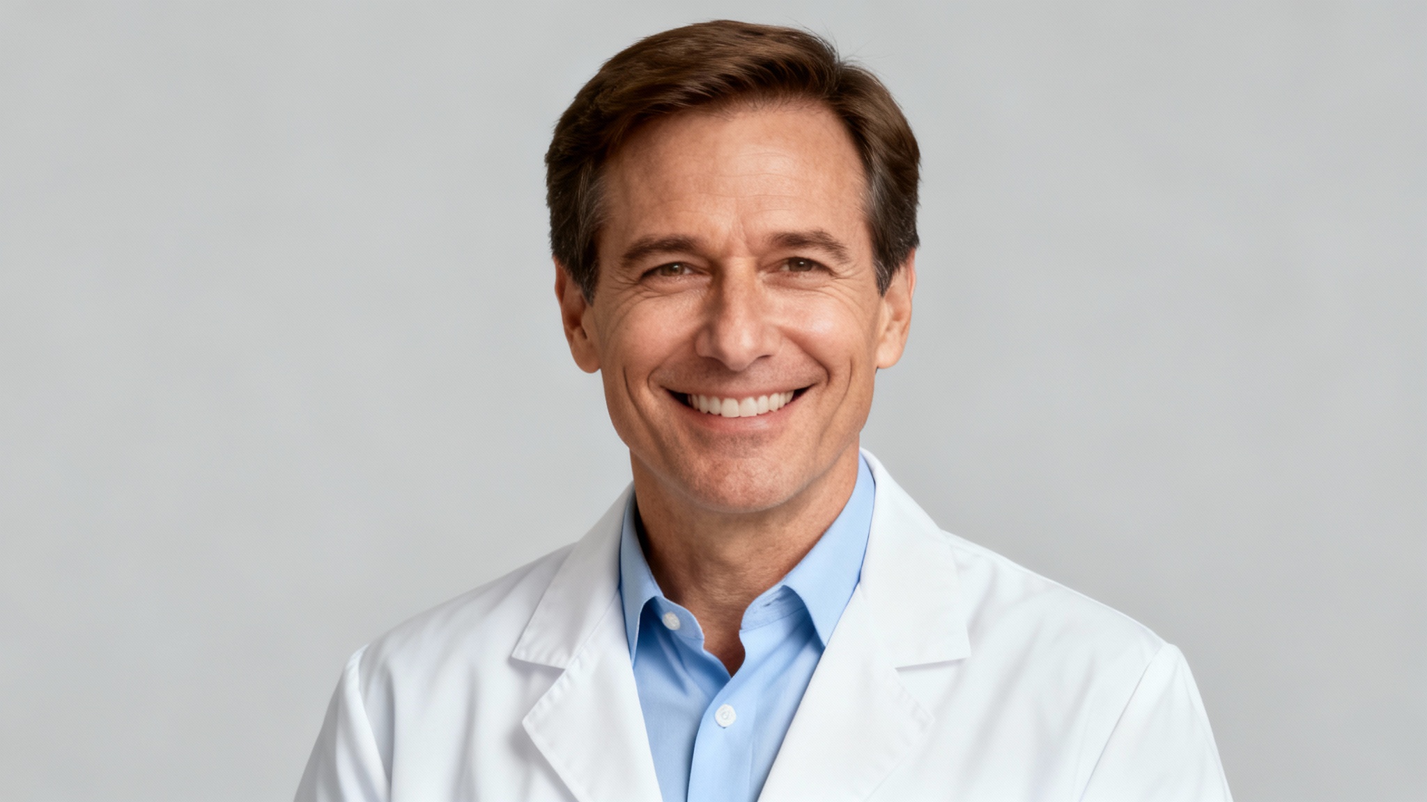A professional headshot of a smiling male doctor wearing a white coat, looking confidently at the camera against a plain background.