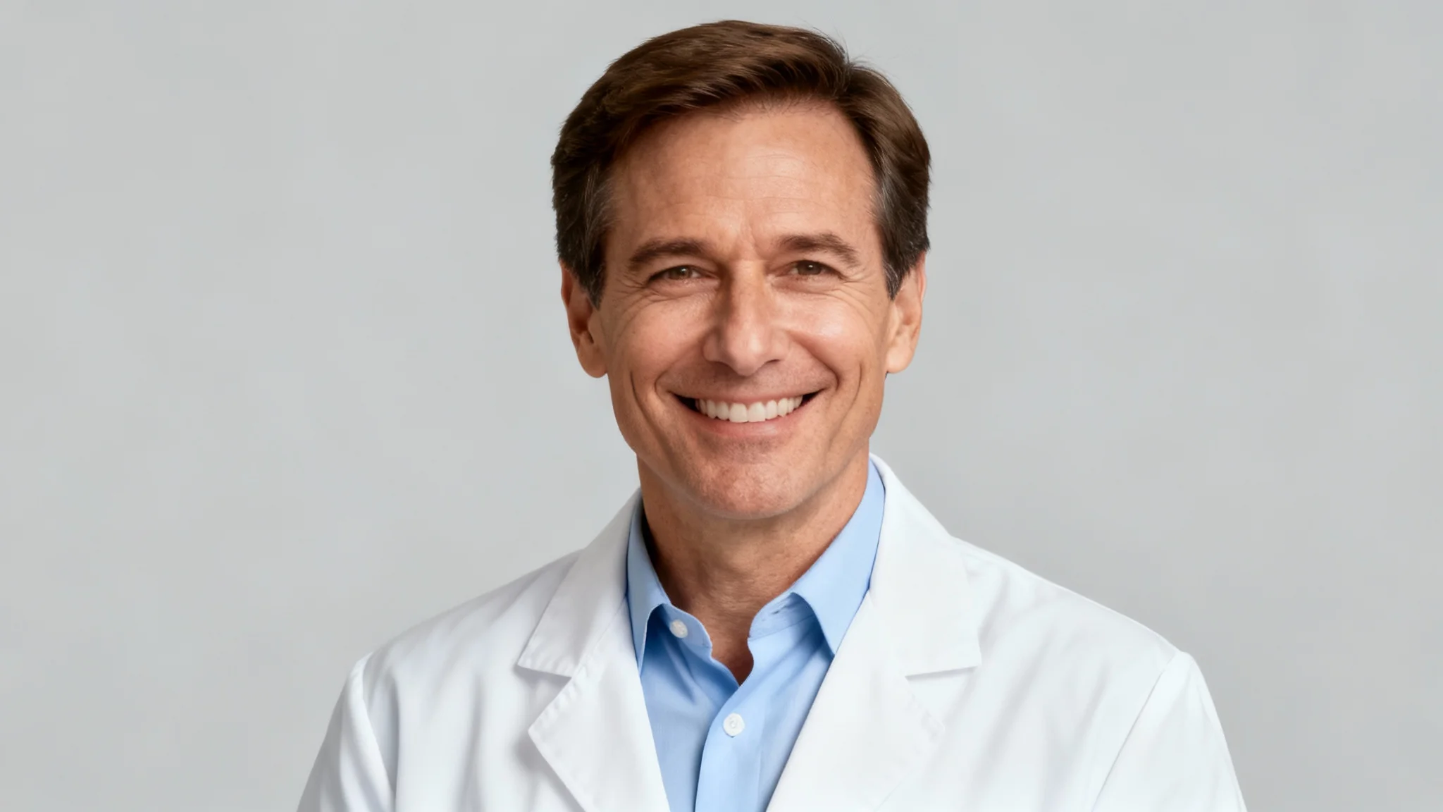 A professional headshot of a smiling male doctor wearing a white coat, looking confidently at the camera against a plain background.
