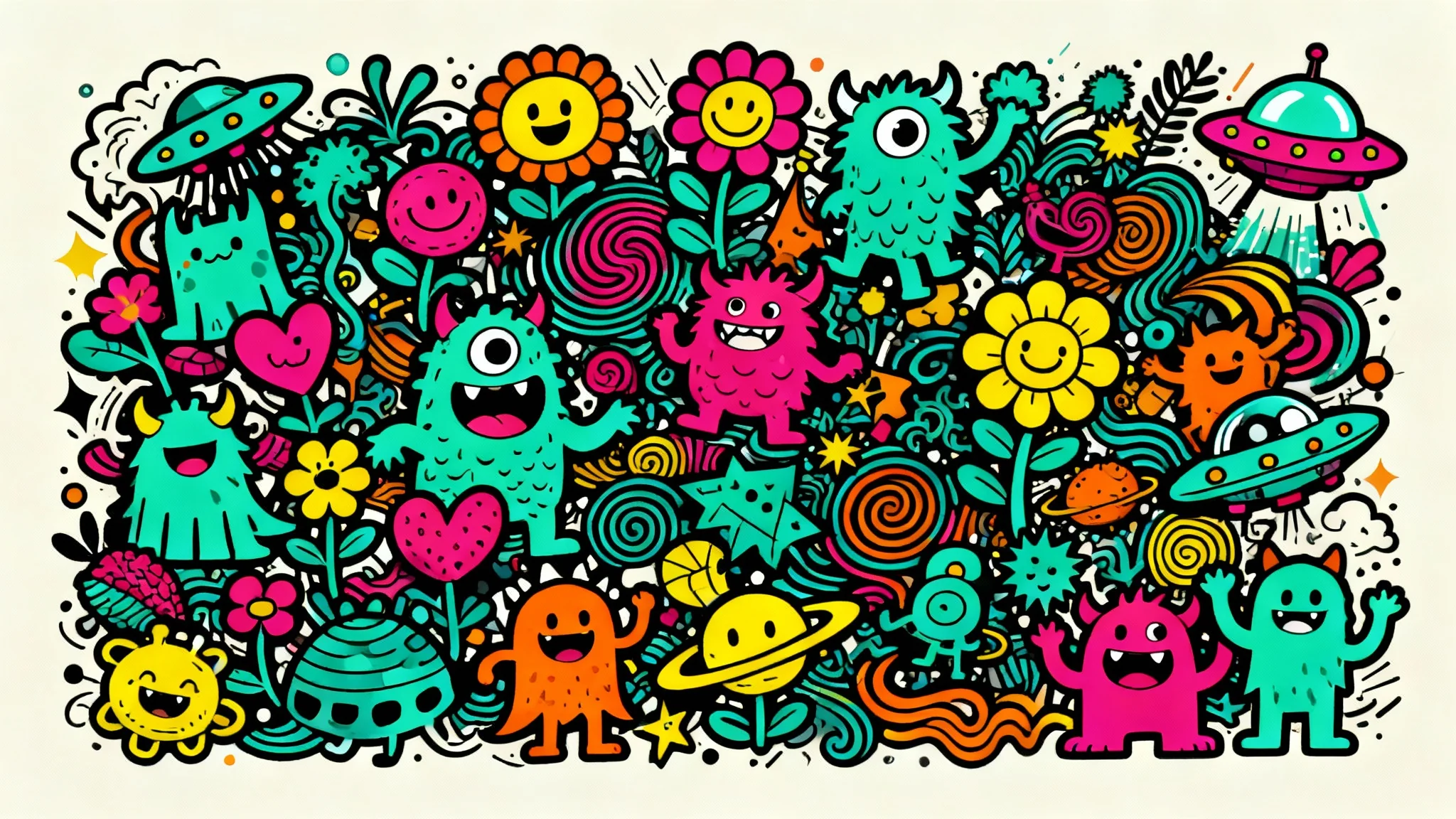 An eye-catching hero image showcasing a final result of a doodle art tool, featuring a dense and colorful collage of whimsical doodles like monsters and flowers in a clean, digital style.