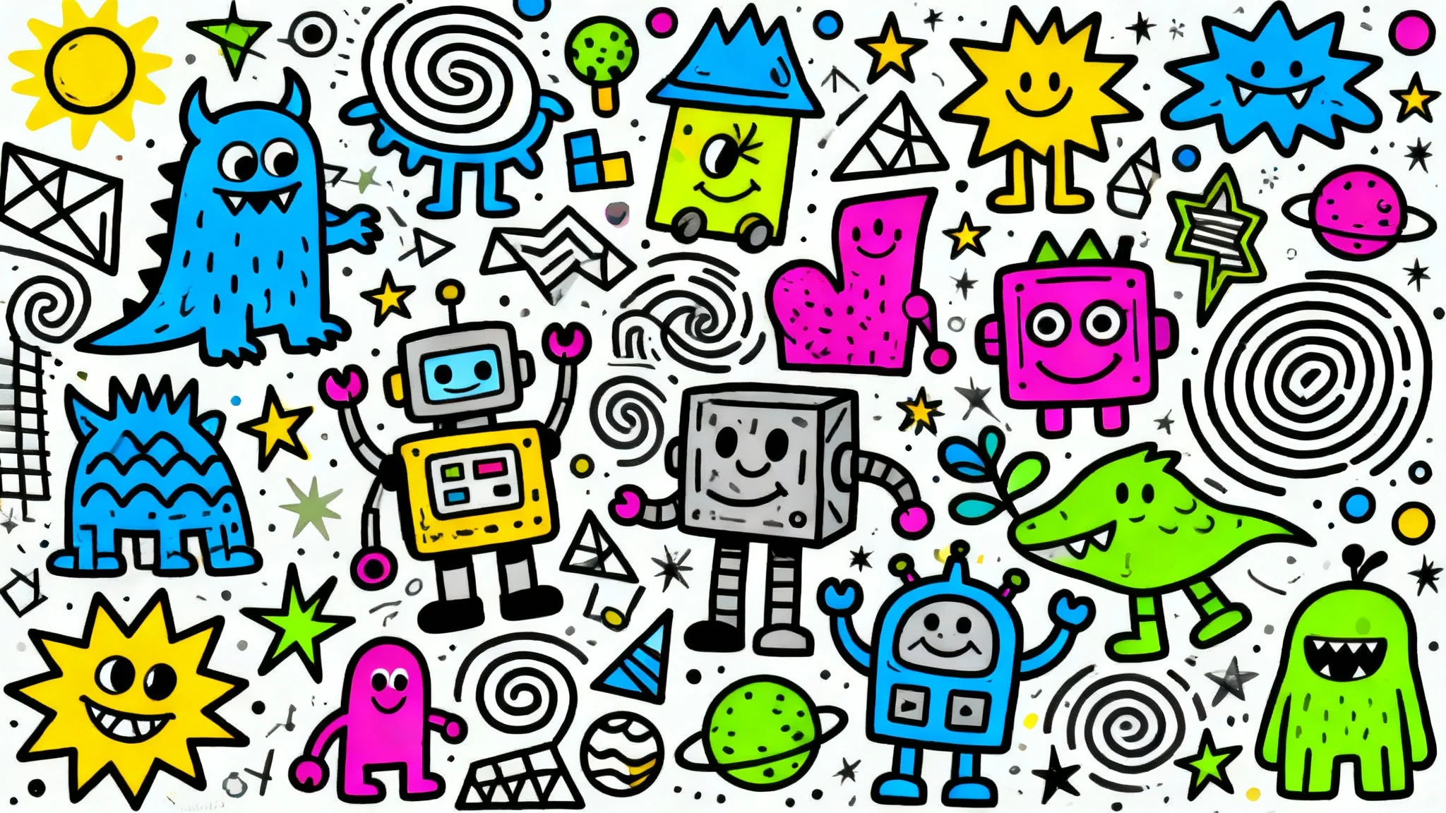 A vibrant and complex doodle art composition featuring a dense pattern of cartoon monsters, whimsical shapes, and colorful designs against a clean white background.