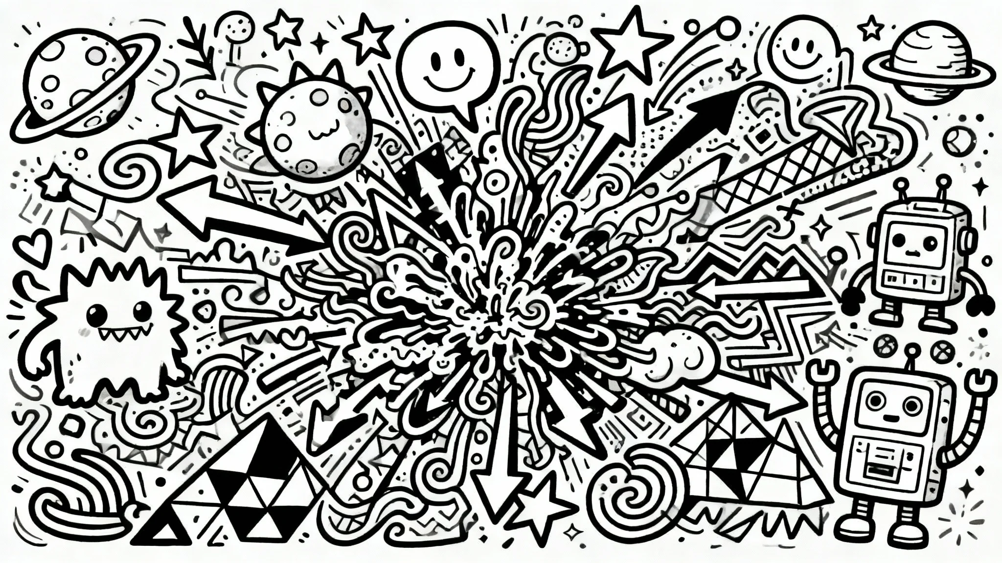 An intricate black and white doodle art illustration featuring a dense collage of cartoon monsters, stars, planets, and abstract shapes on a clean white background.