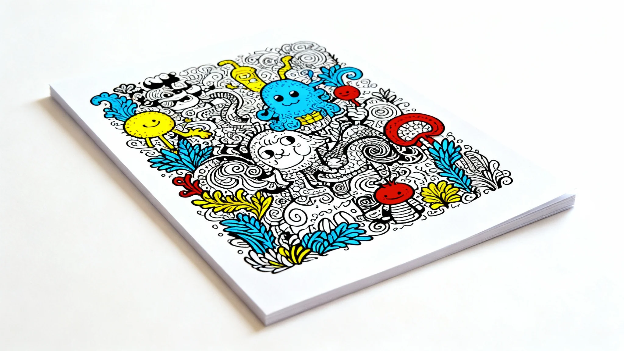 A detailed piece of doodle art on white paper, featuring a complex mix of whimsical characters and abstract patterns in black ink with vibrant color accents, set against a clean white background.