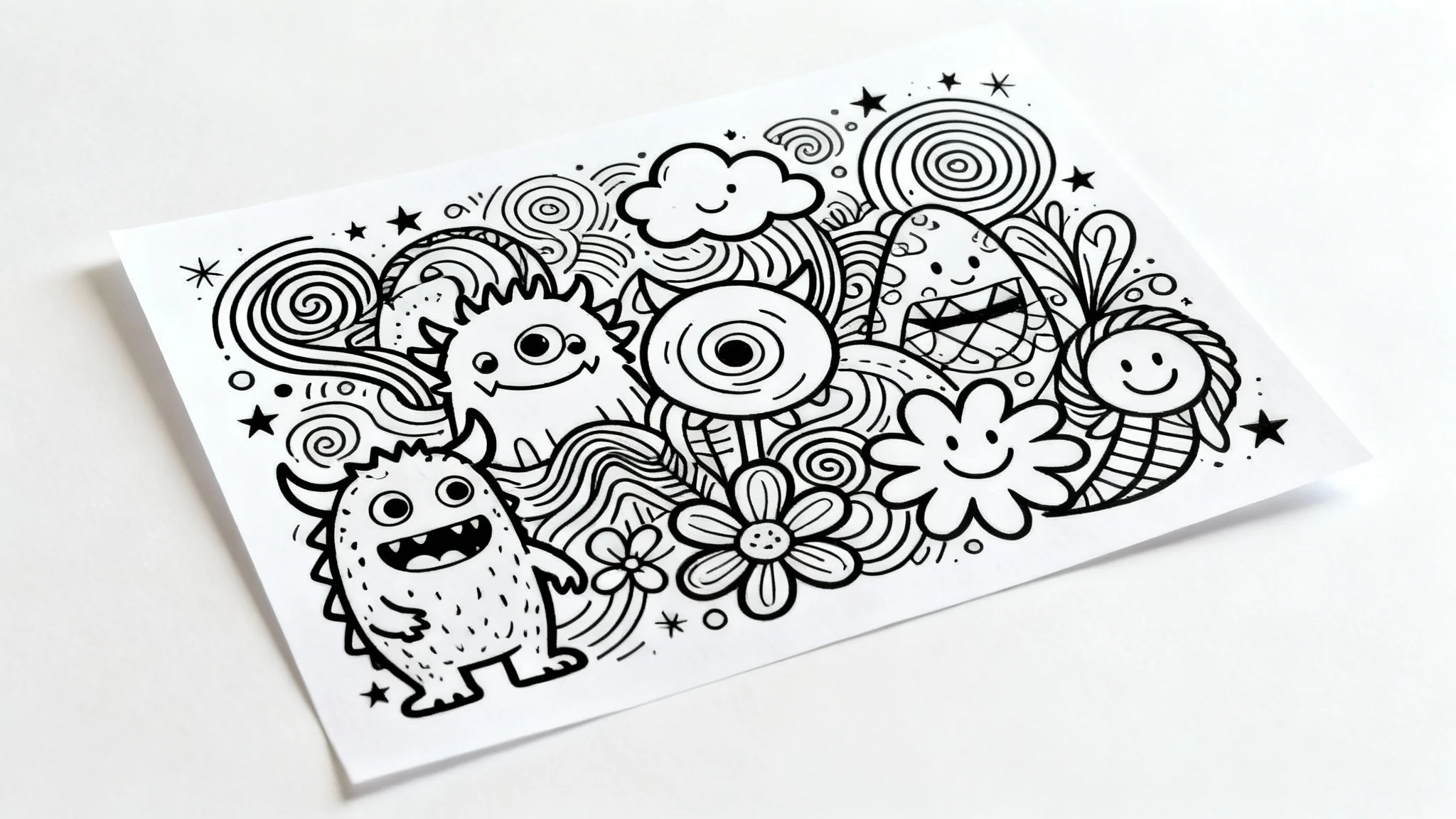 A detailed, hand-drawn doodle art composition on a white sheet of paper, featuring whimsical monsters, patterns, and shapes in black ink, set against a clean white background.