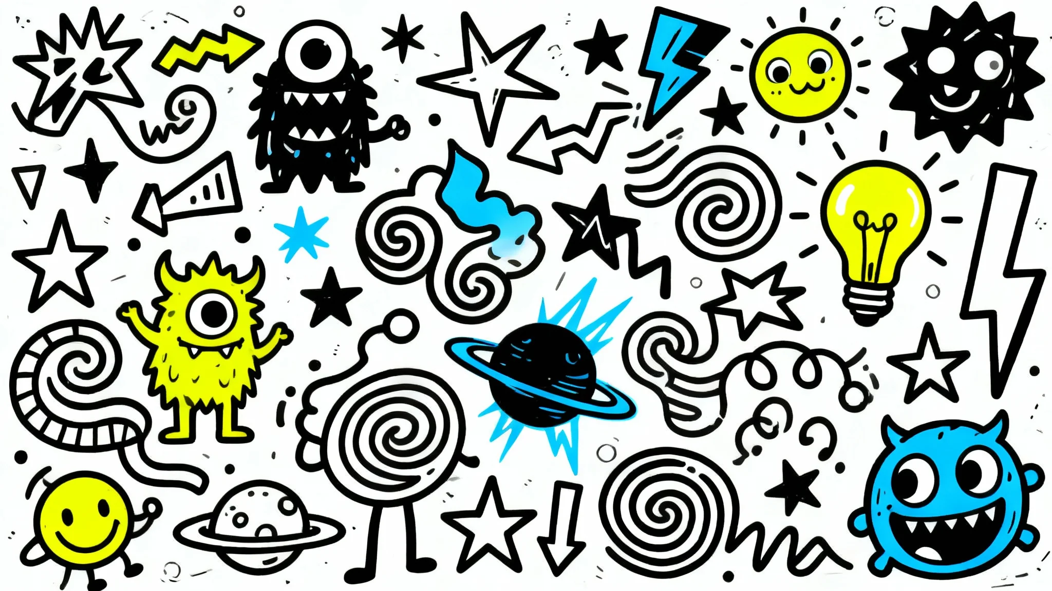 A vibrant collection of black and white doodle art, featuring whimsical monsters and abstract shapes, with a few doodles highlighted in bright yellow and blue, all on a clean white background.