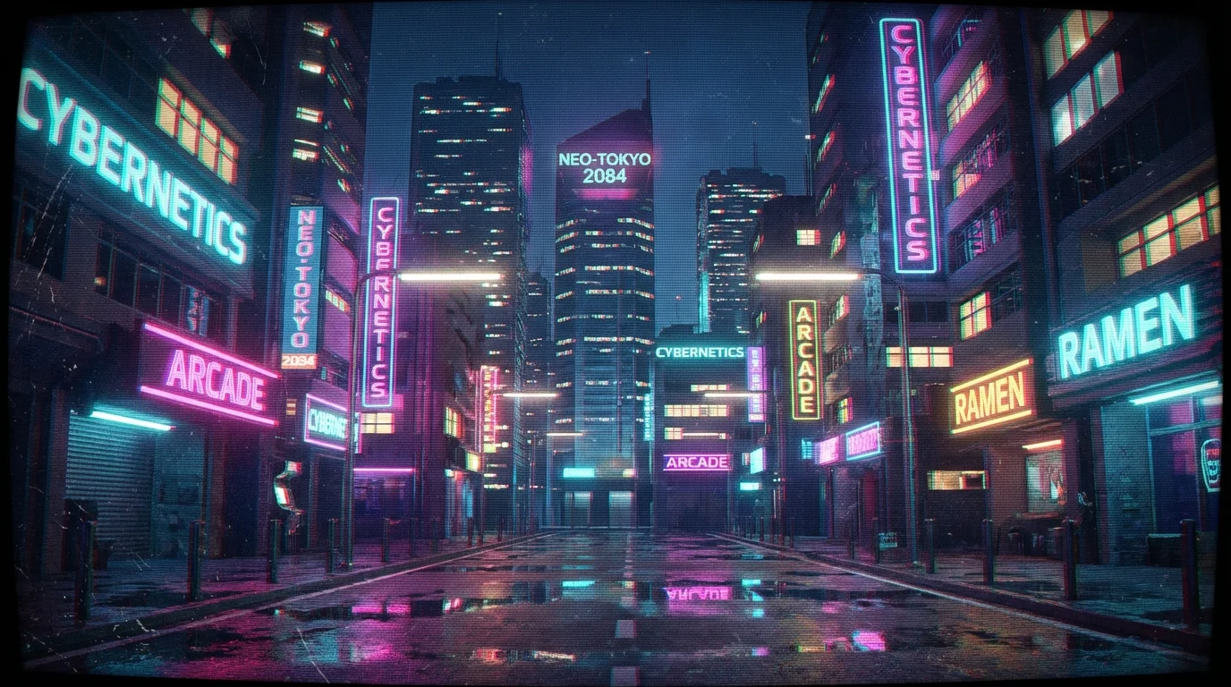 A nighttime cityscape with neon-lit skyscrapers, shown with a retro CRT monitor effect that includes visible scanlines, pixelation, and color fringing.