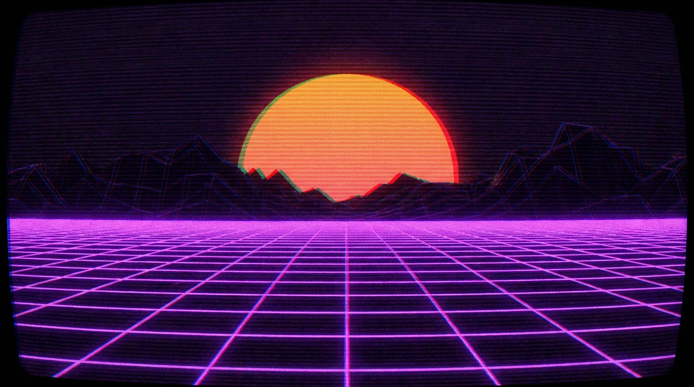 A synthwave landscape of a glowing grid floor and setting sun, viewed through a retro CRT screen effect with visible scan lines and color bleed.