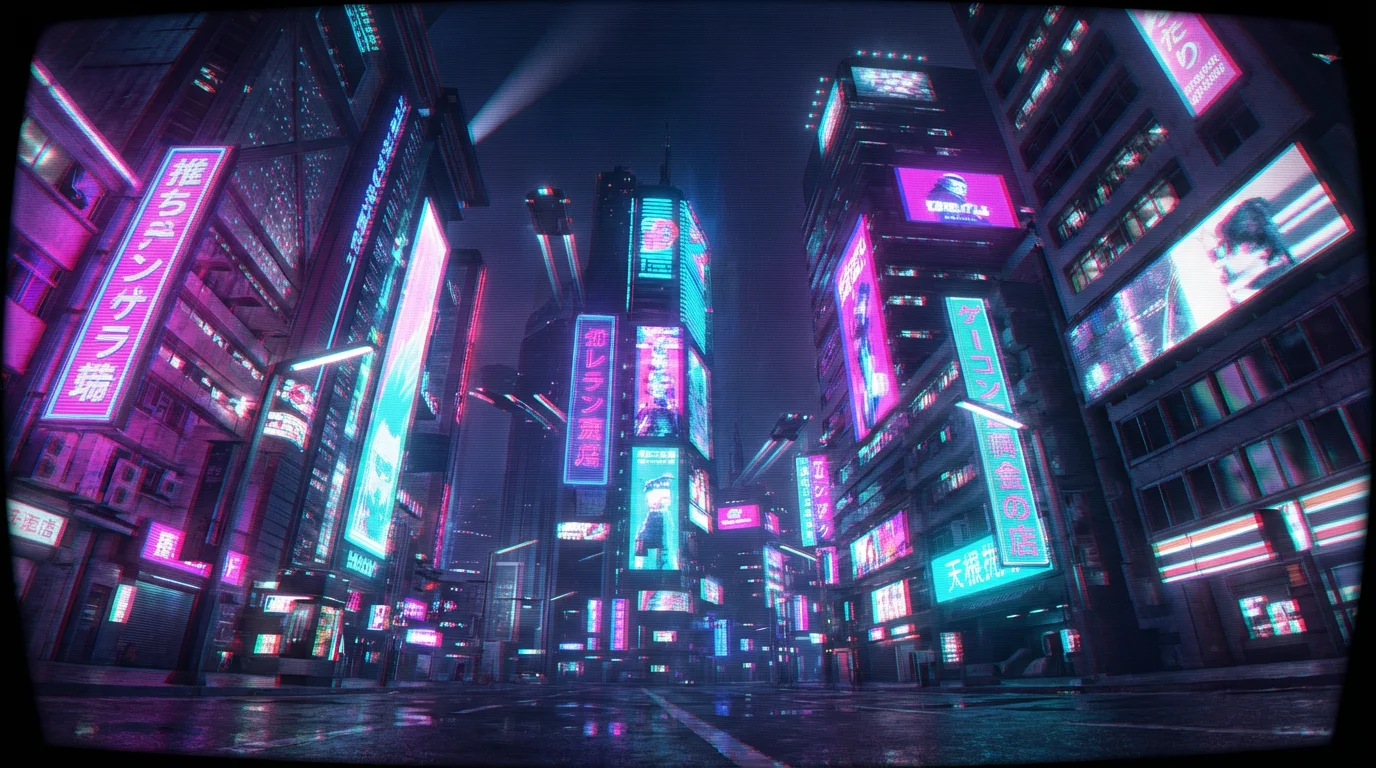 A cyberpunk cityscape at night as viewed through an old CRT monitor, showing visible scan lines, screen glow, and slight color fringing.