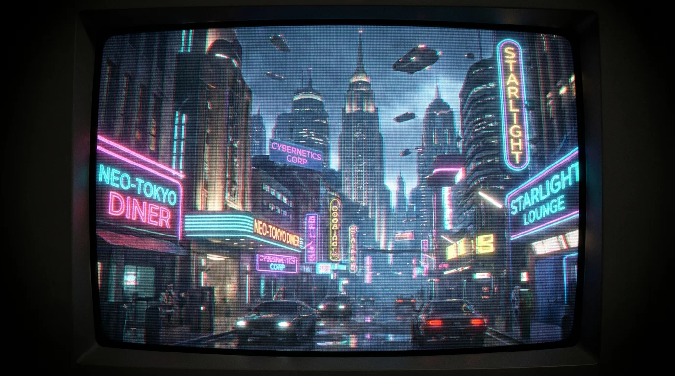 A nighttime cityscape with neon-lit skyscrapers, filtered to look like it's on an old, curved CRT television screen with visible scan lines and color distortions.