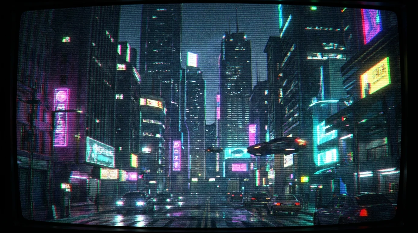 A cyberpunk city at night with neon lights, viewed as if on an old CRT television screen with visible scan lines and color bleed.