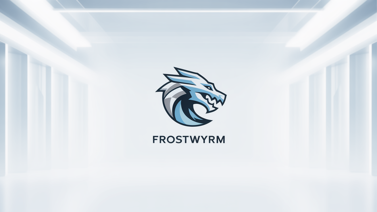 A finished ice dragon logo design for the brand 'FROSTWYRM'. The logo features a stylized, geometric dragon head in shades of icy blue and silver, positioned above the brand name on a clean white background.
