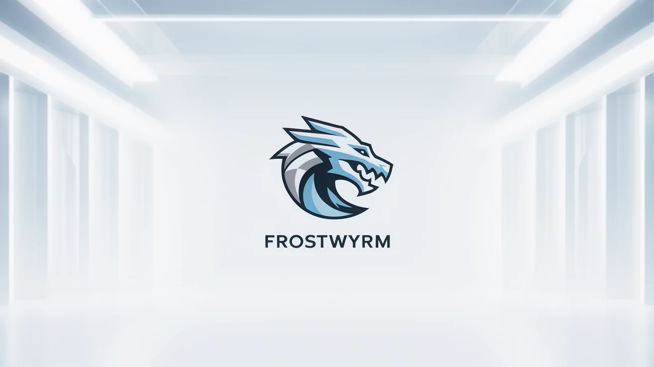 A finished ice dragon logo design for the brand 'FROSTWYRM'. The logo features a stylized, geometric dragon head in shades of icy blue and silver, positioned above the brand name on a clean white background.