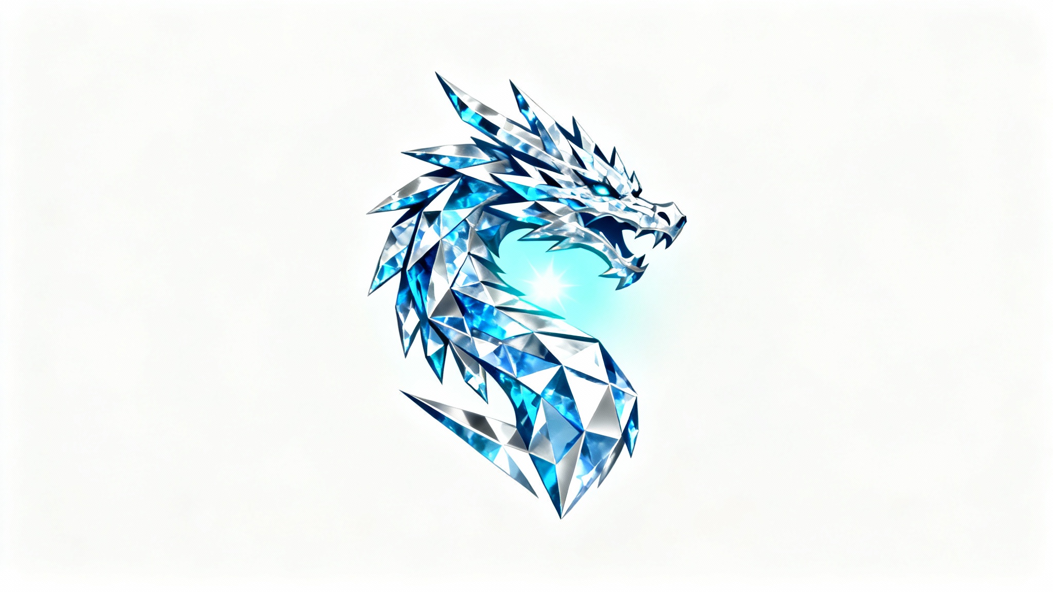 A modern, minimalist logo of an ice dragon, designed with sharp, crystalline blue and white shapes on a white background.