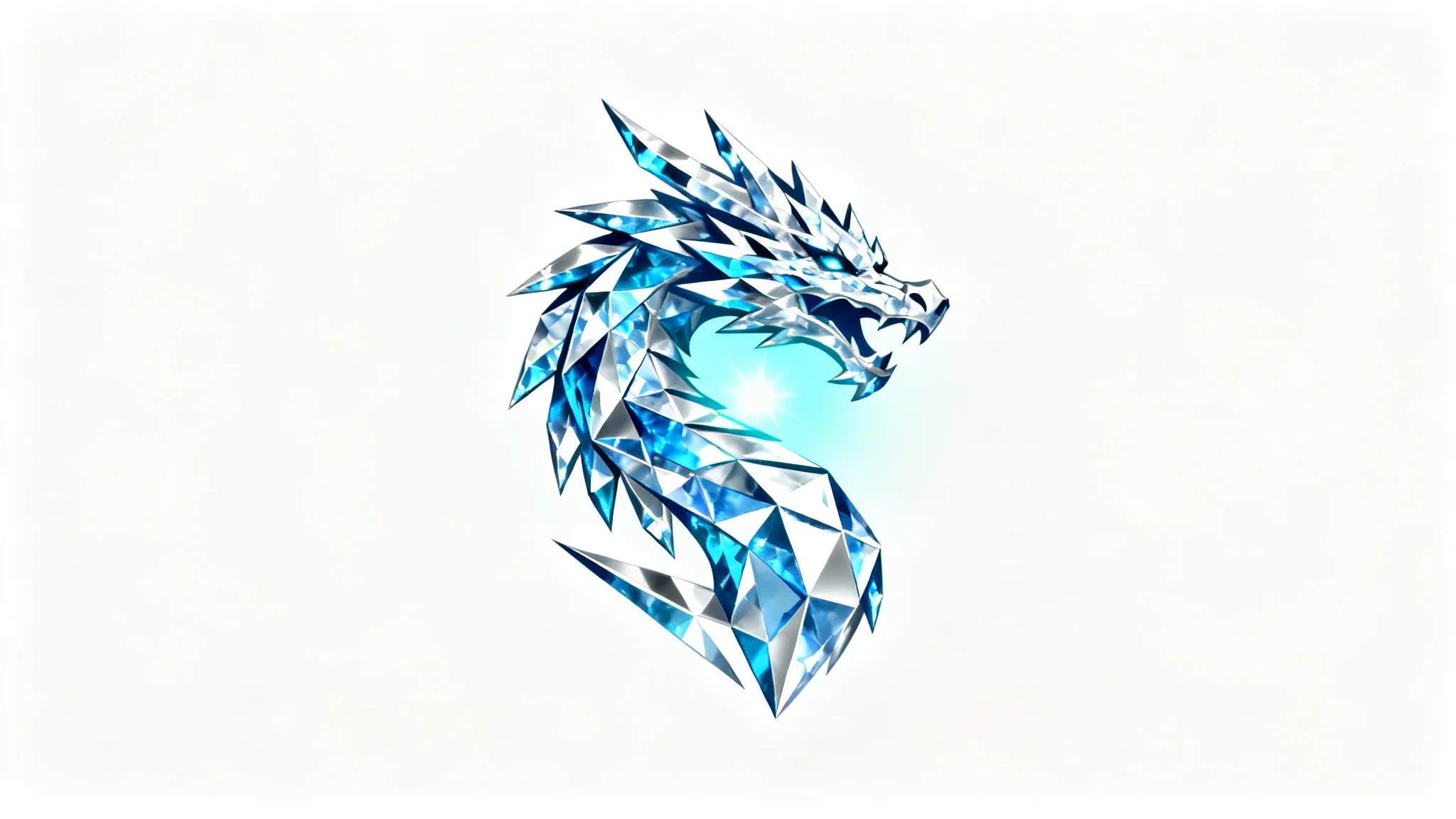 A modern, minimalist logo of an ice dragon, designed with sharp, crystalline blue and white shapes on a white background.