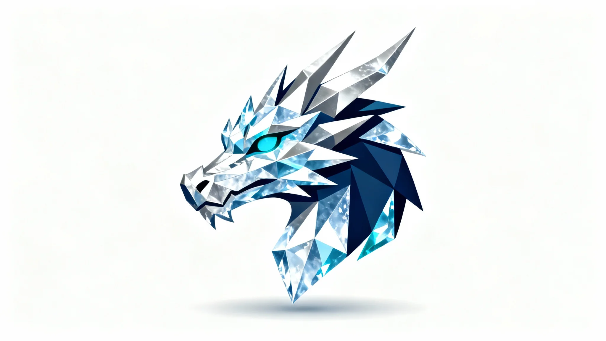 A modern vector logo of an ice dragon, designed with sharp, crystalline shapes in shades of blue and white on a white background, giving it a premium, icy look.