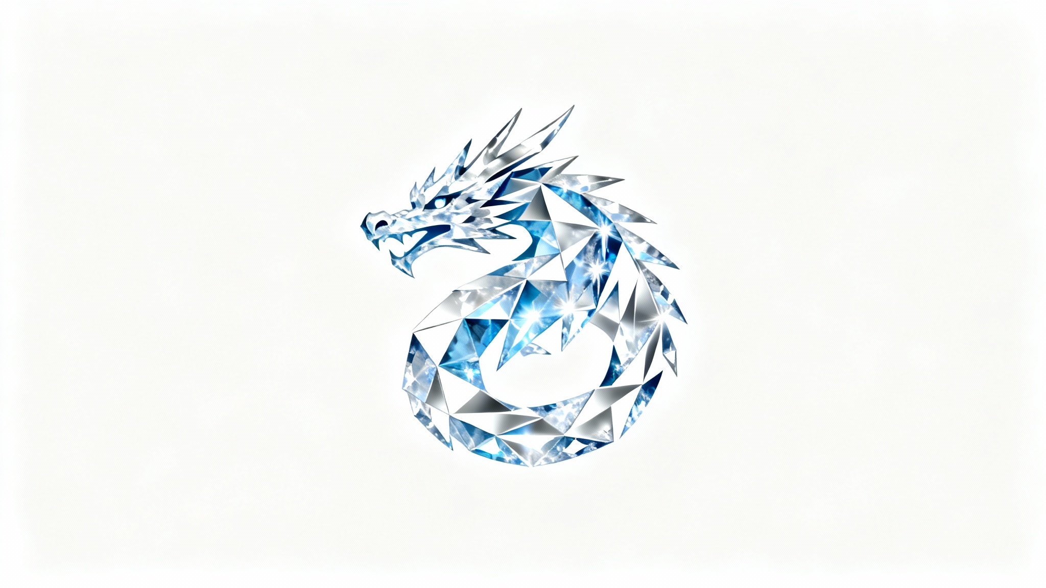 A modern, minimalist logo of a powerful ice dragon made of blue and white crystals, centered on a plain white background.