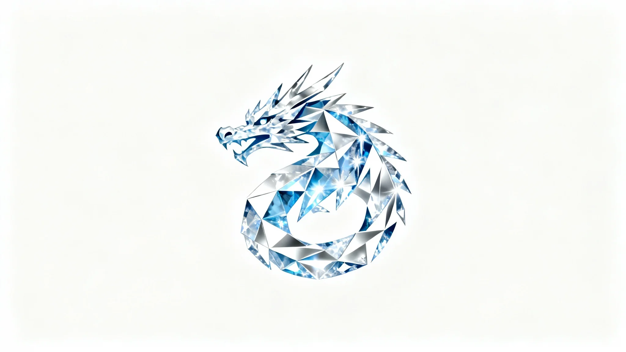 A modern, minimalist logo of a powerful ice dragon made of blue and white crystals, centered on a plain white background.