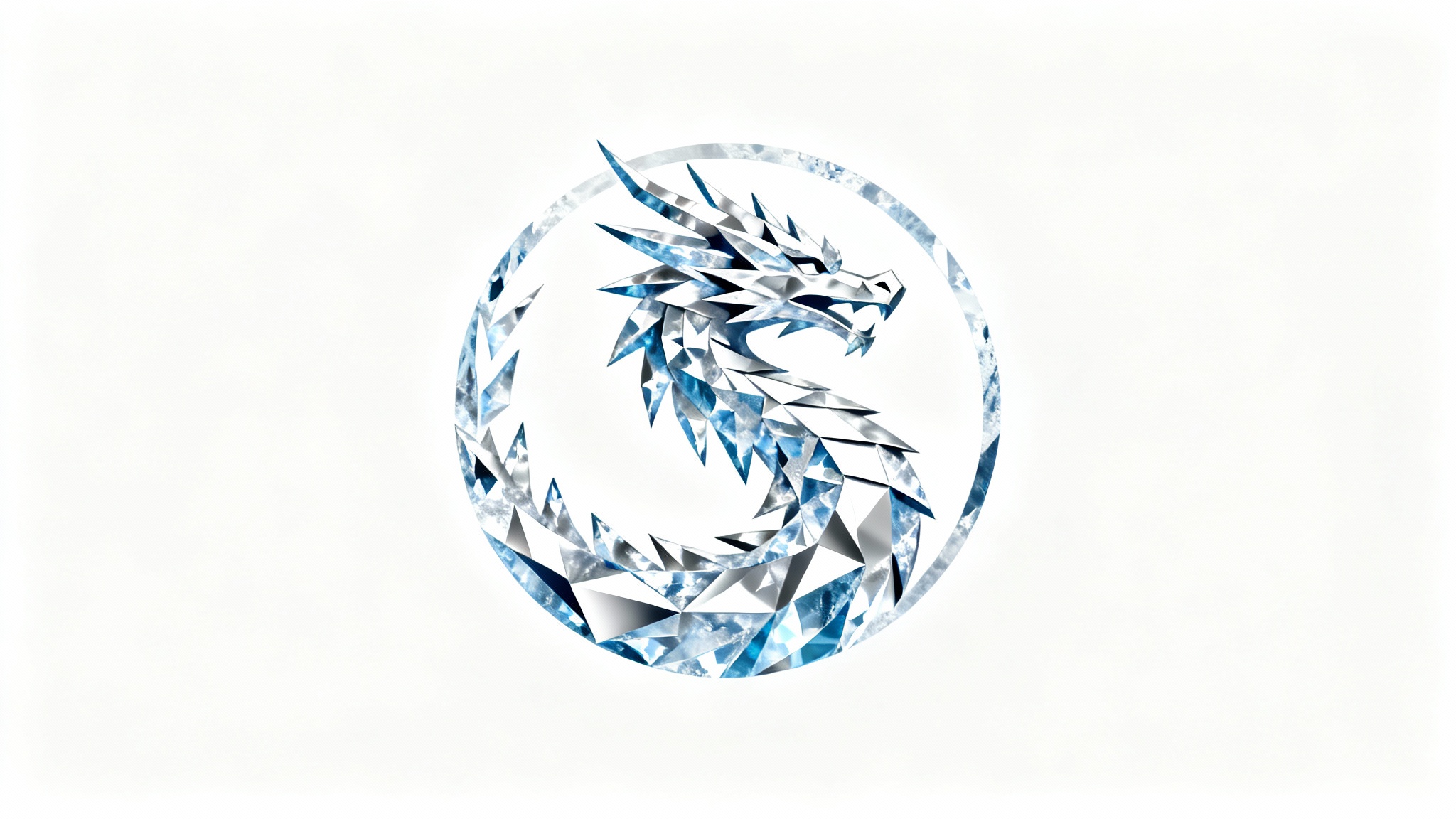 A modern, minimalist logo of an ice dragon, designed with sharp geometric shapes in shades of icy blue and white, centered on a clean white background.