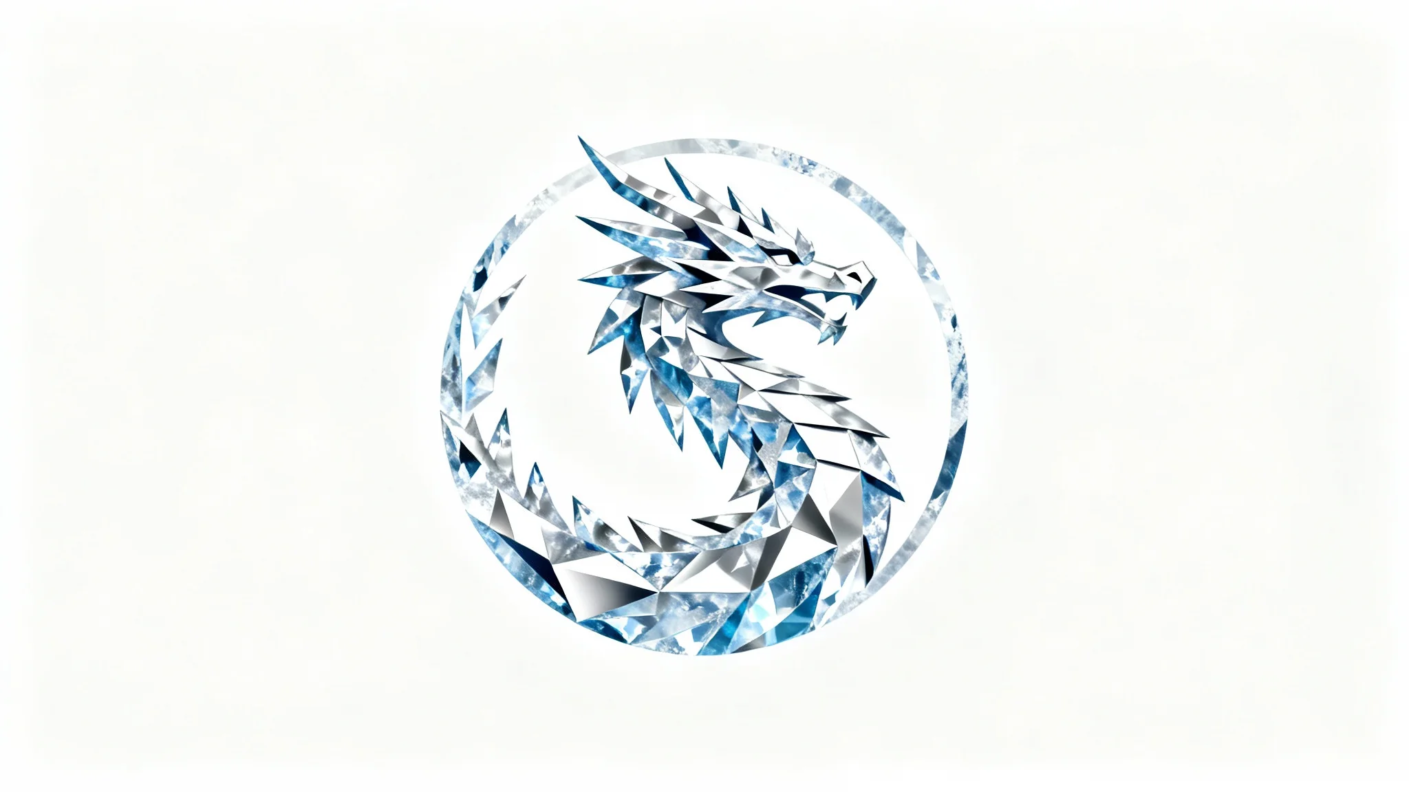 A modern, minimalist logo of an ice dragon, designed with sharp geometric shapes in shades of icy blue and white, centered on a clean white background.