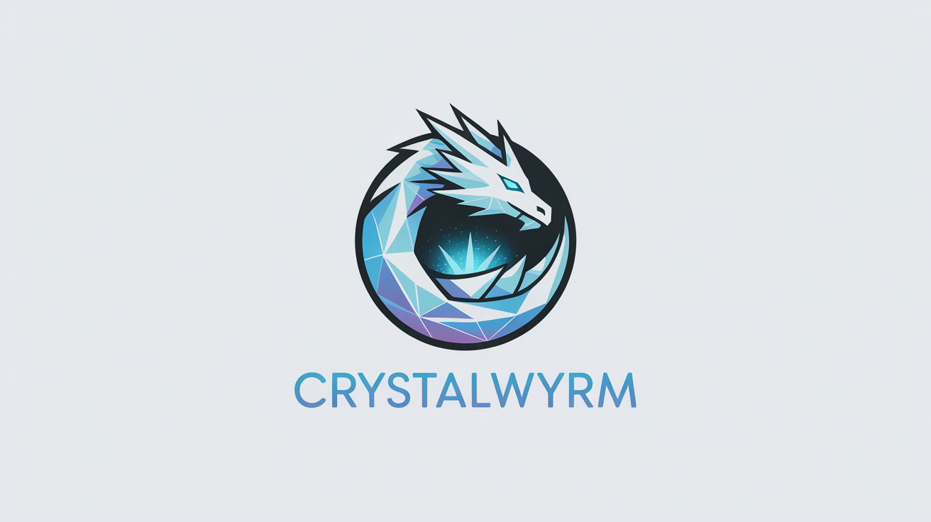 A modern and sharp logo of a stylized ice dragon coiled in a circle, rendered in shades of blue and white. The word 'CRYSTALWYRM' is below the emblem. The logo is on a white background.