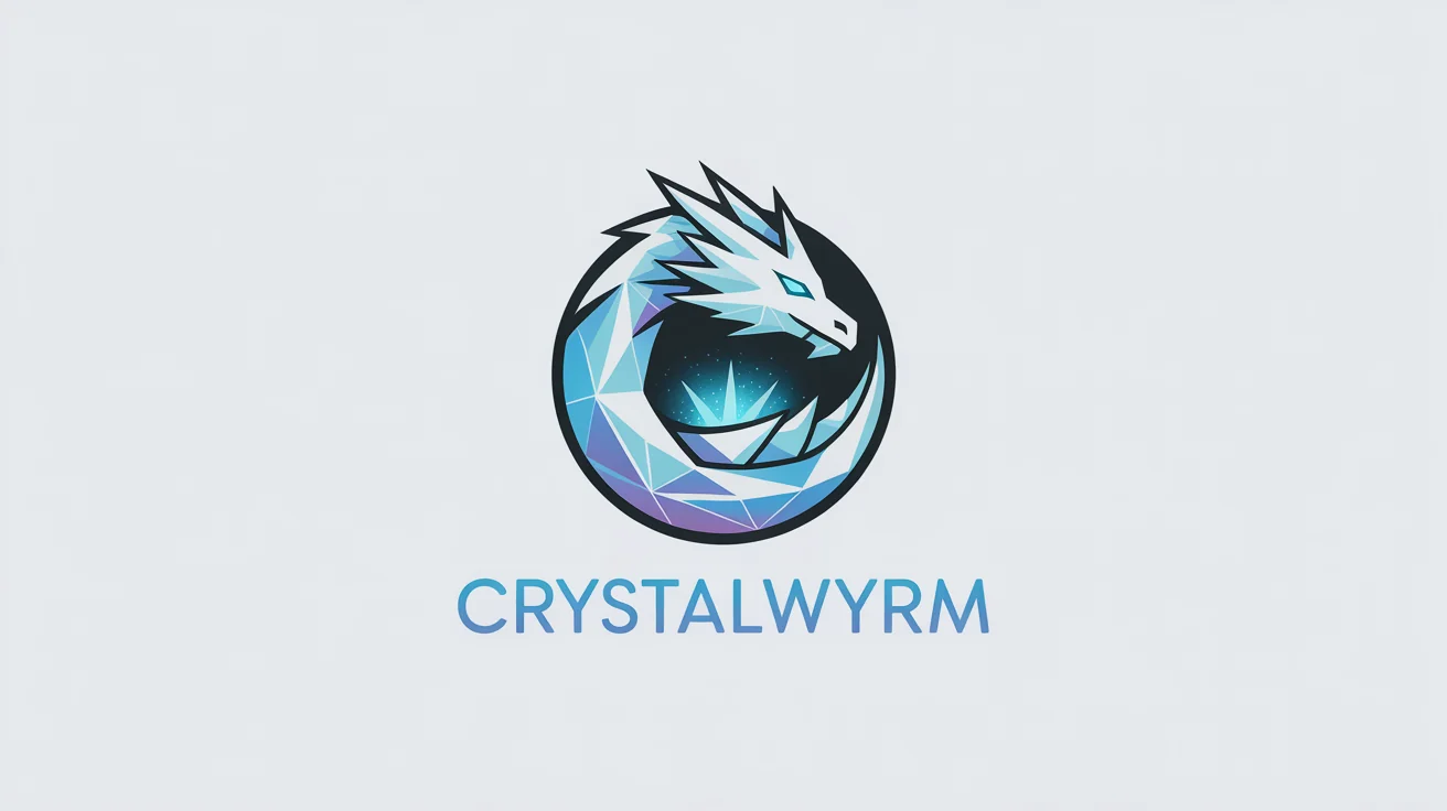A modern and sharp logo of a stylized ice dragon coiled in a circle, rendered in shades of blue and white. The word 'CRYSTALWYRM' is below the emblem. The logo is on a white background.