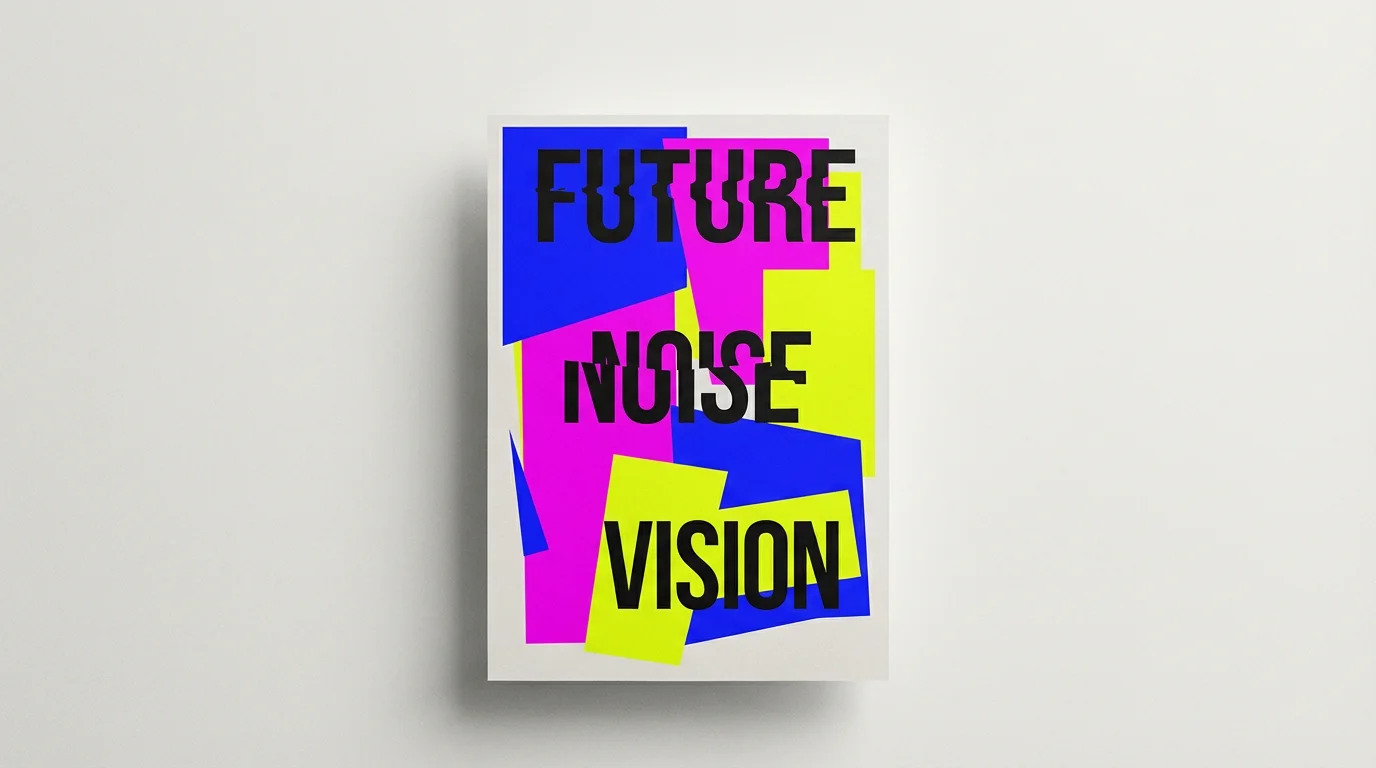 A finished avant-garde poster with vibrant colors and abstract geometric shapes, displayed as a high-quality print against a minimalist white wall, showcasing a professional design result.