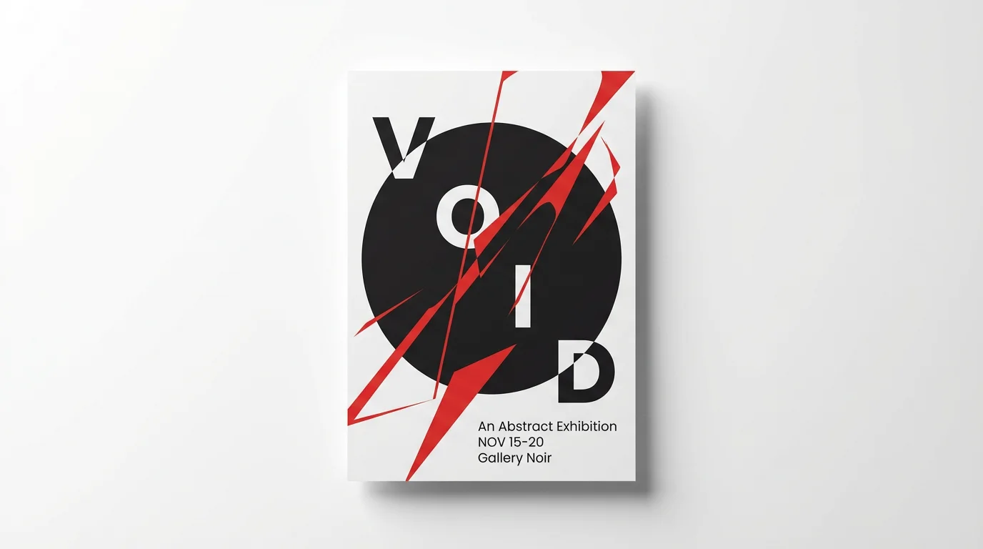 A mockup of an avant-garde poster on a white background. The poster features abstract black and red geometric shapes and the legible words 'VOID, An Abstract Exhibition'.