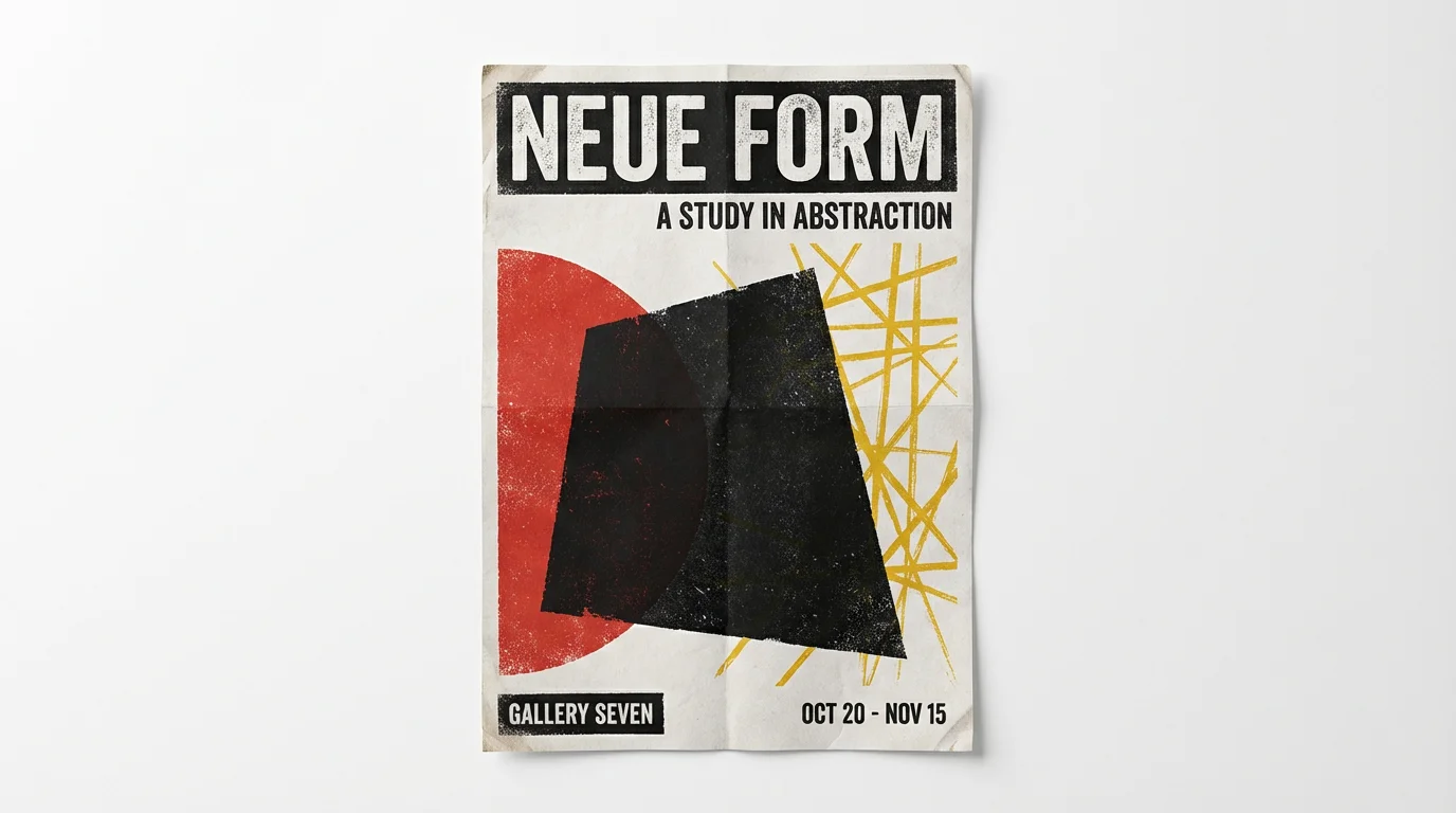 A mockup of a vertical avant-garde poster on a white background. The design features abstract black, red, and yellow geometric shapes and typography that reads 'NEUE FORM, A STUDY IN ABSTRACTION'.
