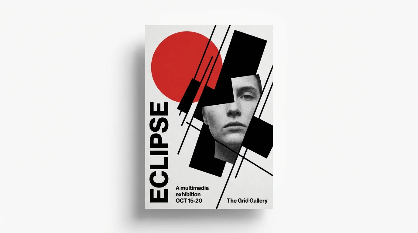 An avant-garde poster mockup on a white background, featuring a dynamic collage of red and black geometric shapes, a black and white photo of a face, and stylized text for an exhibition called 'ECLIPSE'.
