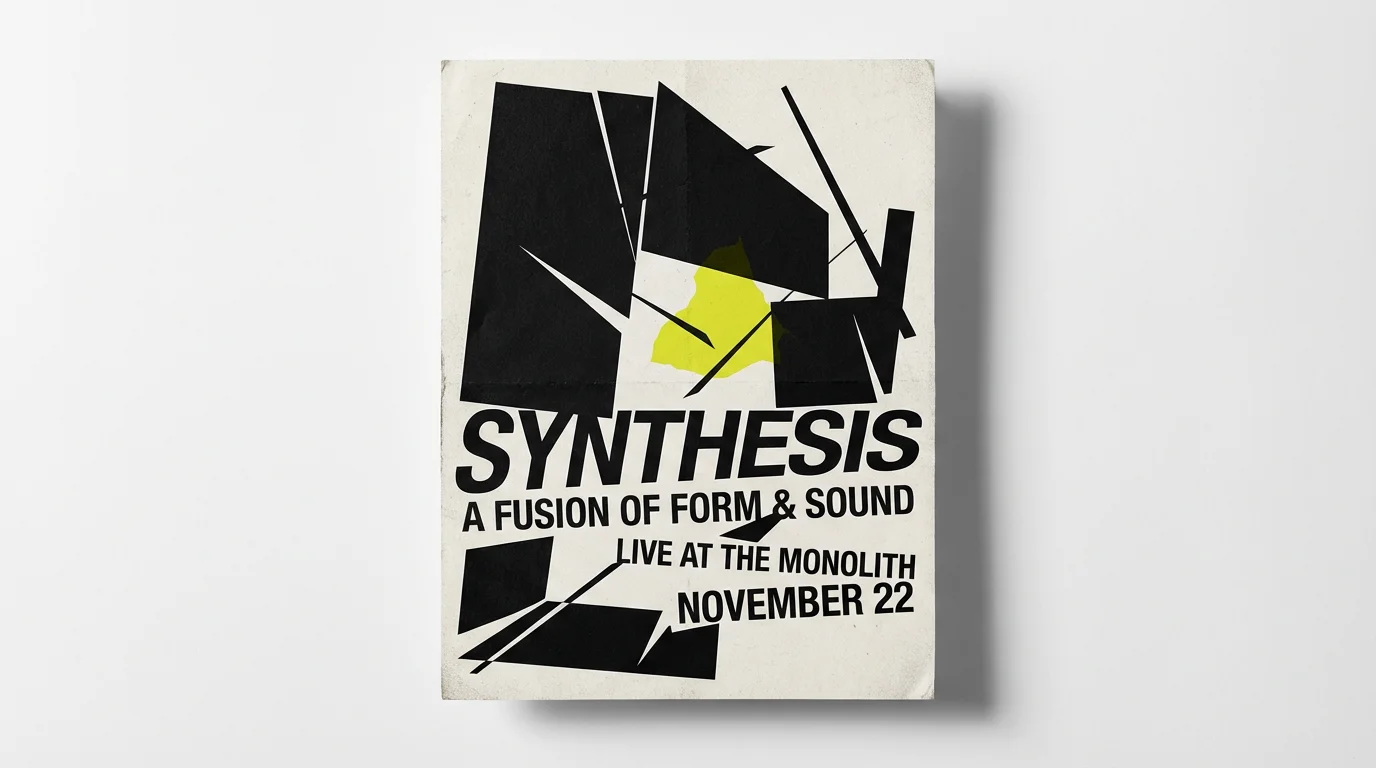 An avant-garde poster mockup on a white background, featuring black geometric shapes, a splash of yellow, and distorted text that reads 'SYNTHESIS'.