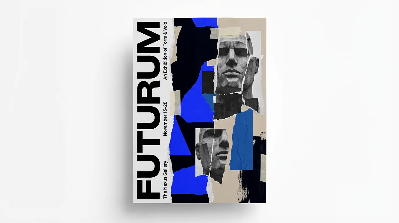 An avant-garde poster mockup on a white background, featuring a collage of abstract shapes, a fragmented face, and text for a fictional art exhibition called 'FUTURUM'.