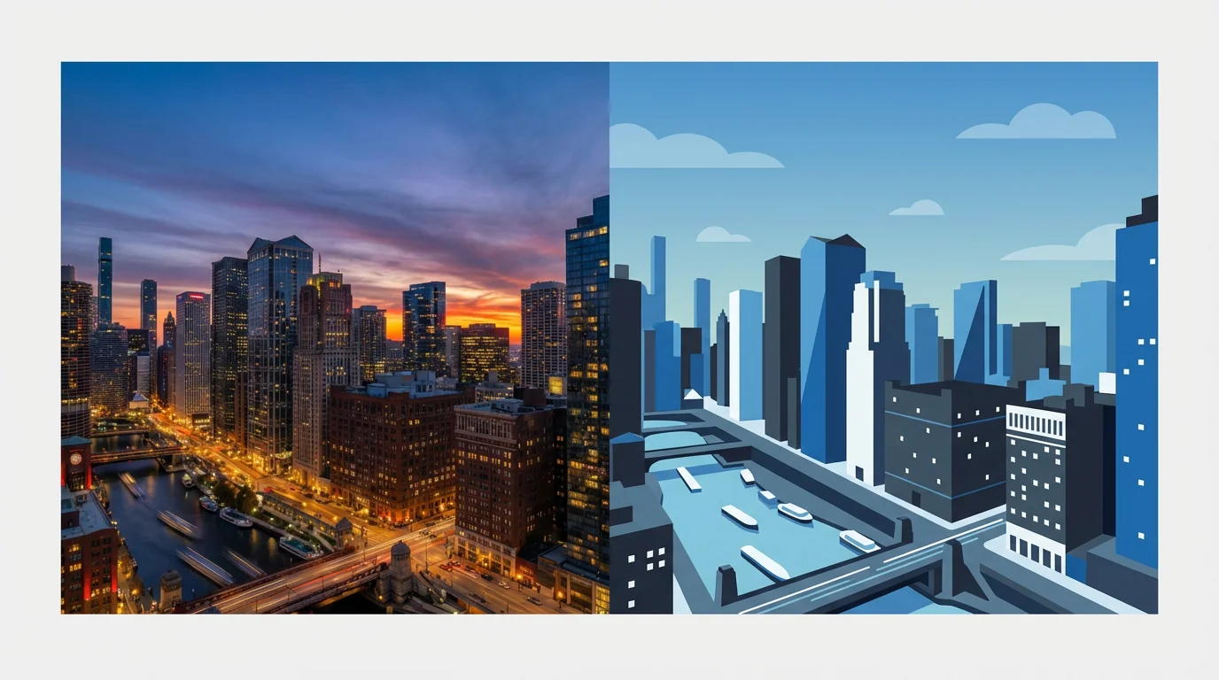 A side-by-side comparison image demonstrating a photo-to-illustration tool. The left side is a photograph of a city skyline at night, and the right side is a simplified, flat design illustration of the same skyline in a blue and gray color scheme.